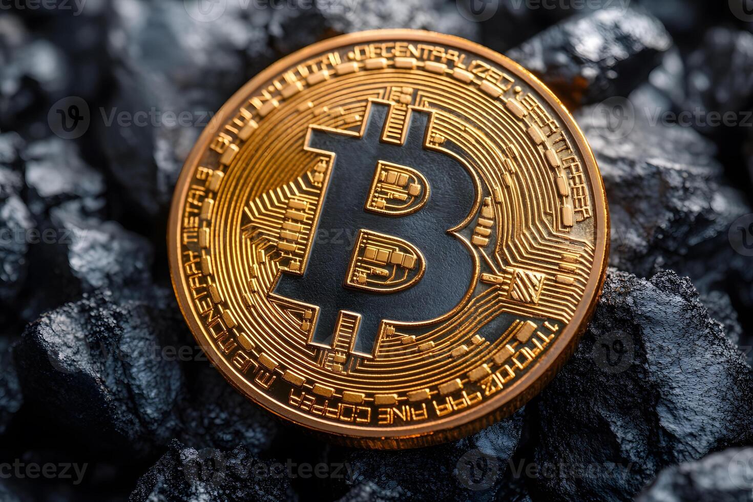 Bitcoin Cryptocurrency Concept with Gold Coin on Coal, Symbolizing Digital Economy and Blockchain Technology photo