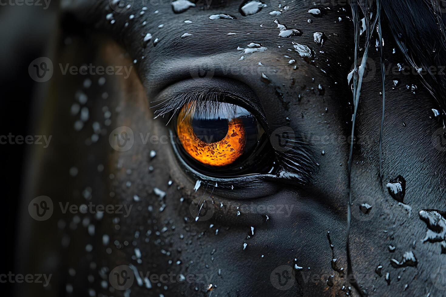 Captivating Close-Up of a Horse's Eye with Water Droplets for Equestrian Themes photo