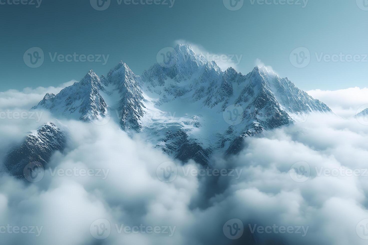 Majestic Snow-Covered Mountain Peaks Emerging from Clouds in Tranquil Landscape photo