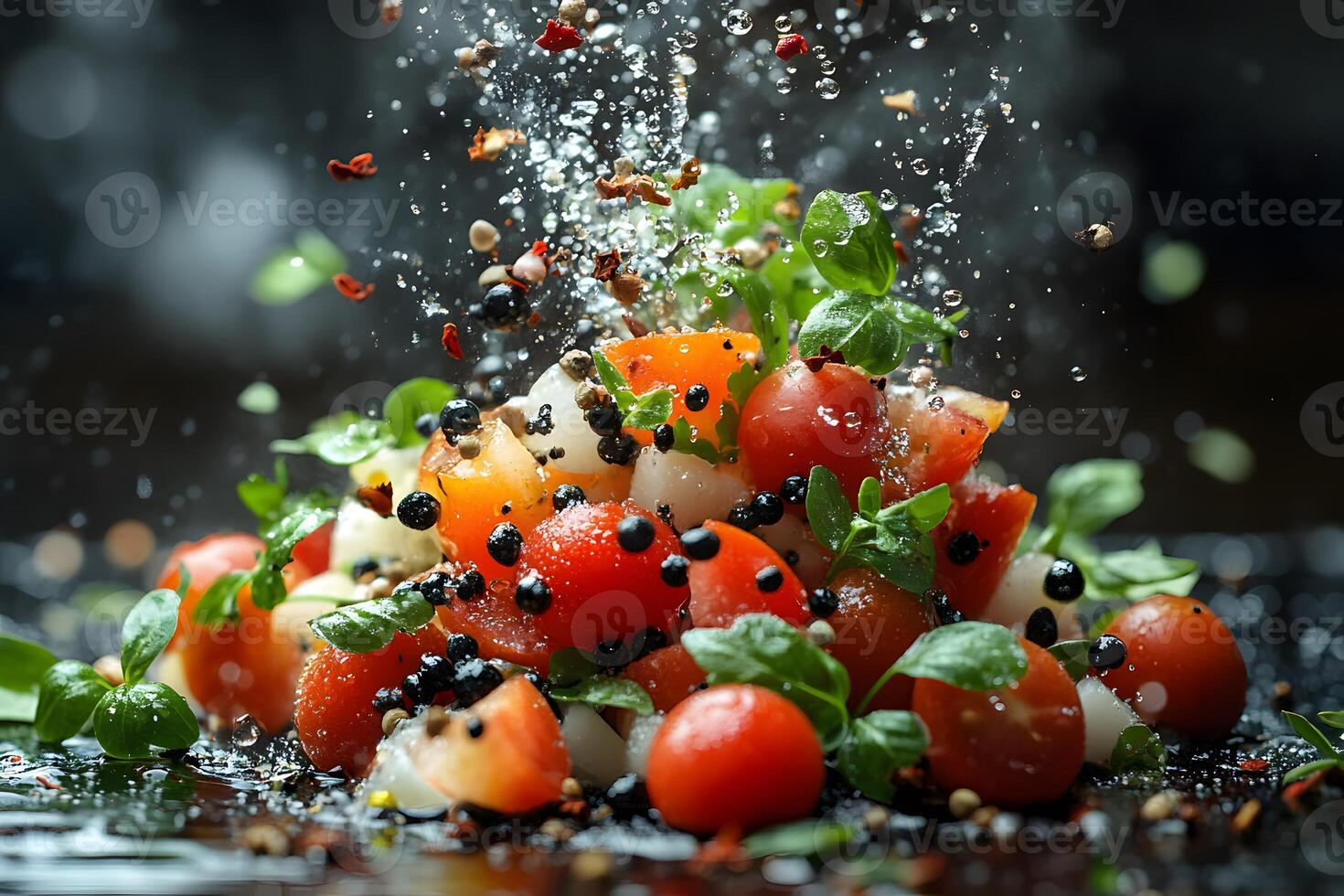 Fresh Tomato and Basil Salad Splash with Mozzarella, Pepper, and Herb Garnish photo