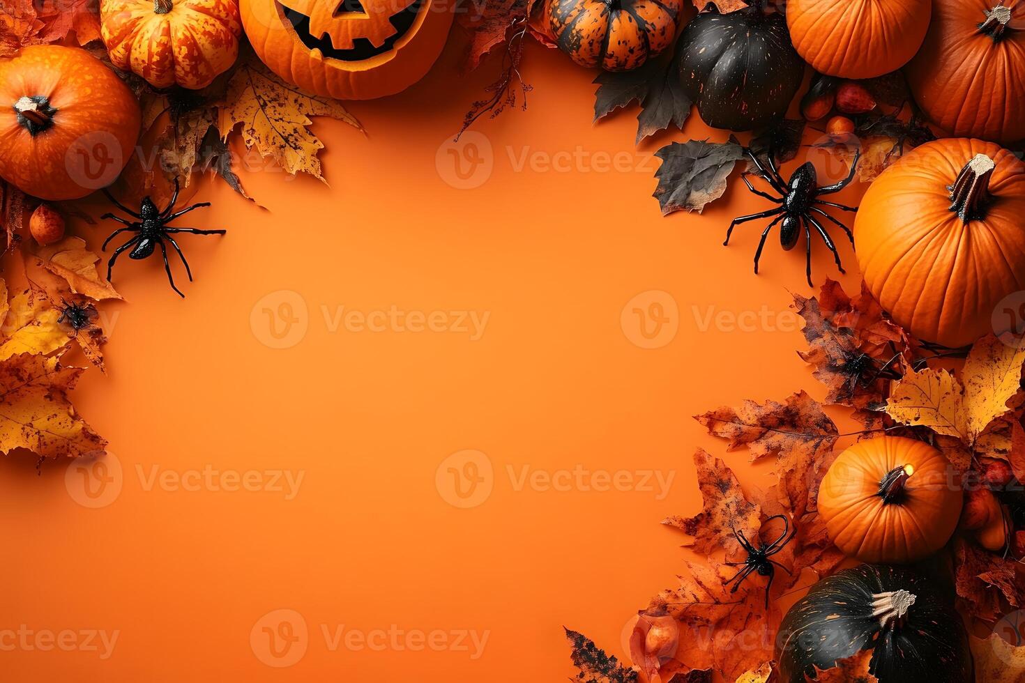 Autumn Halloween Background with Pumpkins and Spiders for Seasonal Design and Decoration photo