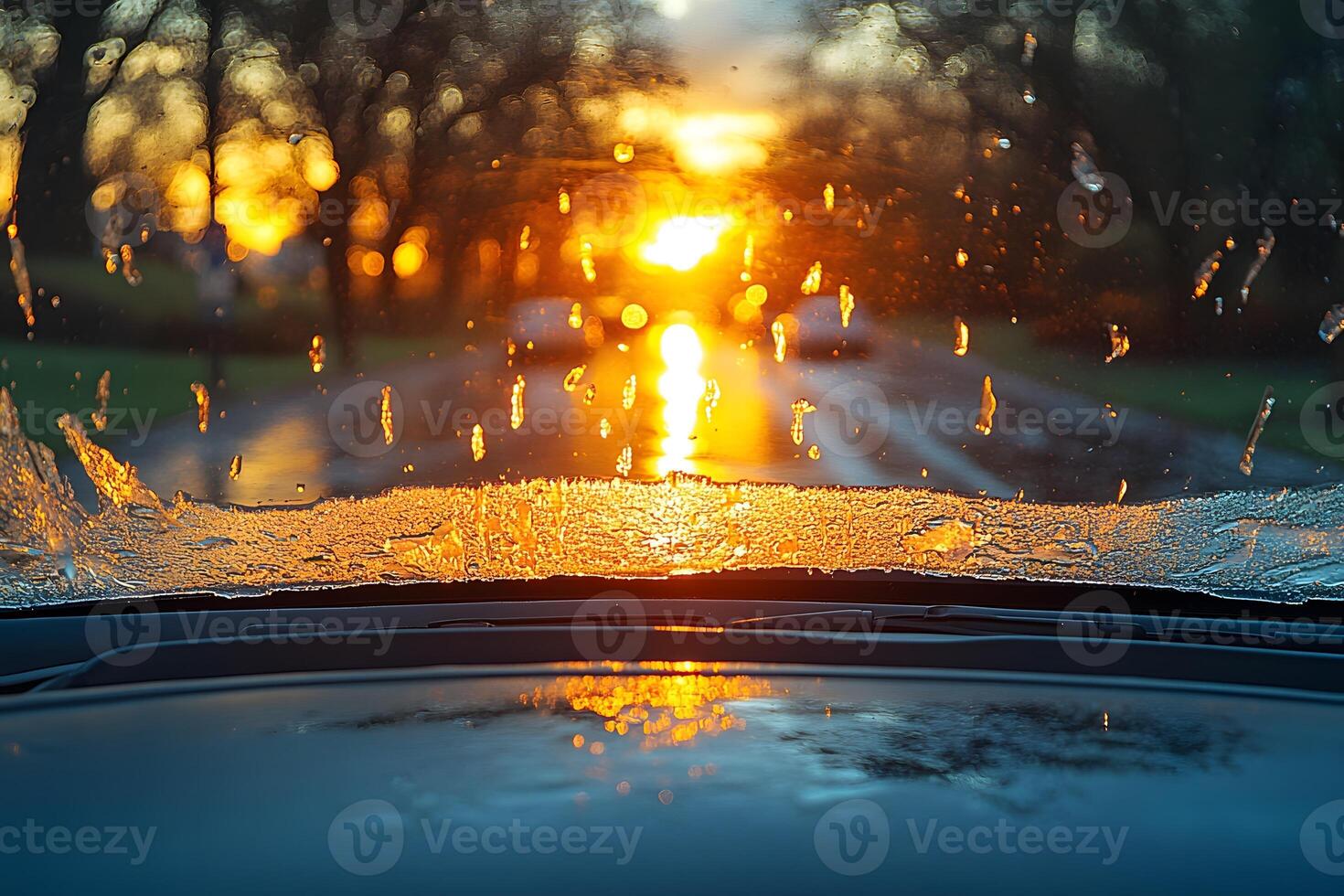Scenic Autumn Sunset Through Raindrop-Covered Windshield for Seasonal Mood Design photo