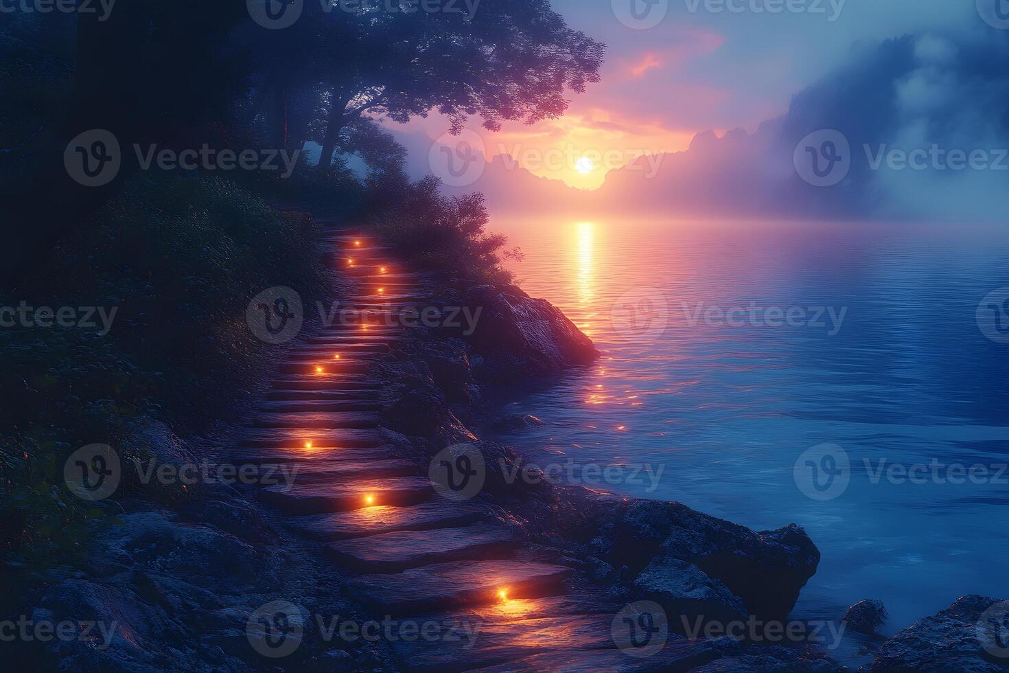 Tranquil Sunset Pathway by the Lake with Lanterns - Serene Nature Scene for Wall Art photo