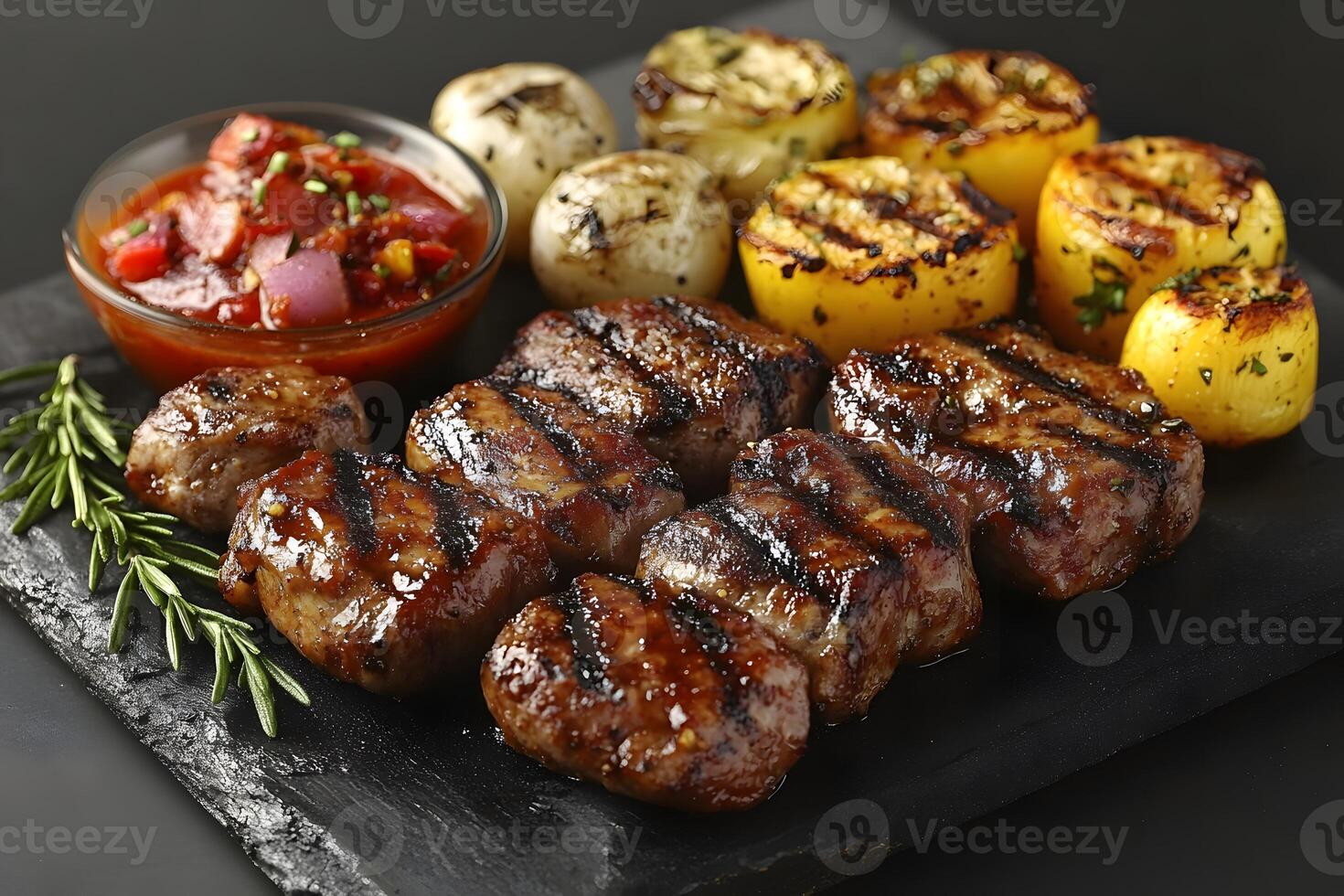Grilled Gourmet Platter Featuring Juicy Steaks and Charred Vegetables for Culinary Delight photo