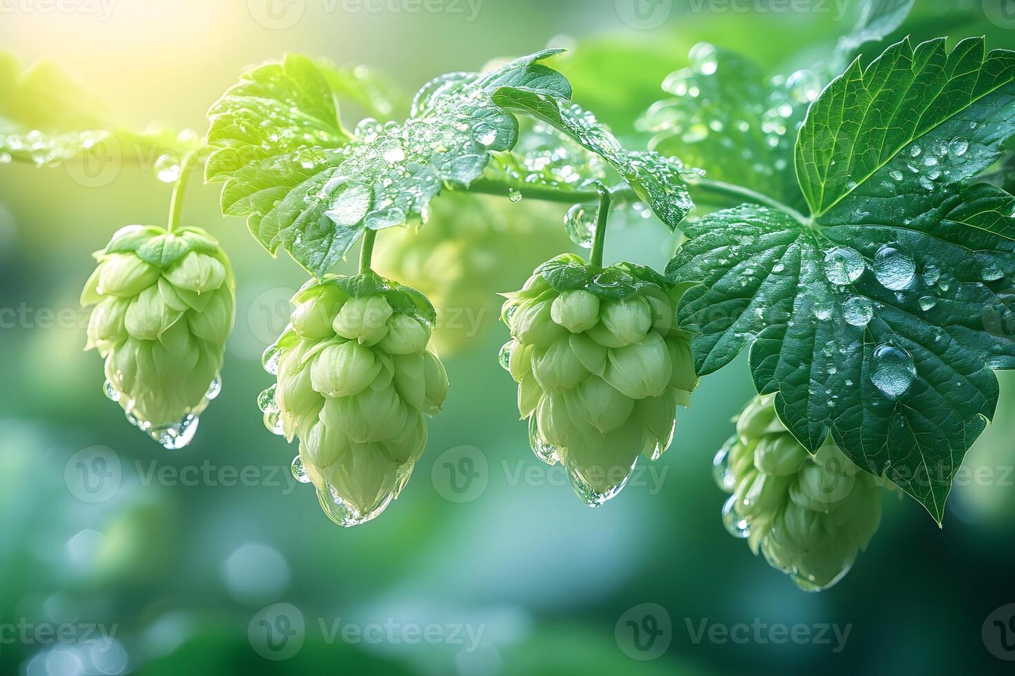 Fresh Green Hop Cones with Morning Dew in Sunlit Garden photo