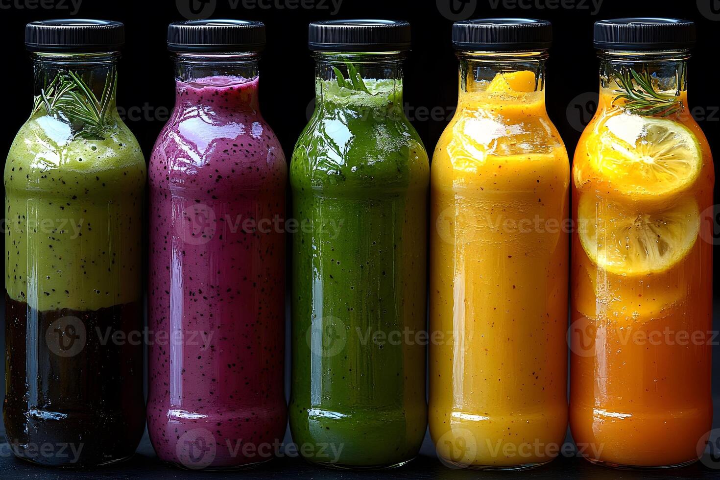 Vibrant Assortment of Healthy Smoothies in Bottles Illuminated on Dark Background photo