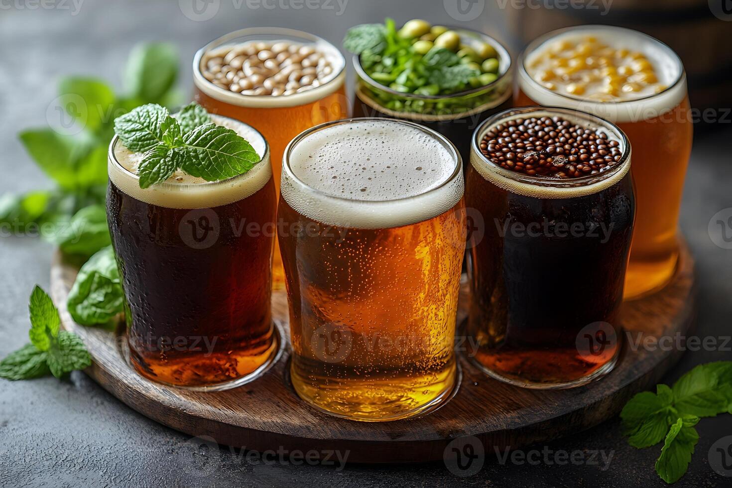 Assortment of Fresh Craft Beers with Herbs and Hops on Rustic Wooden Tray photo