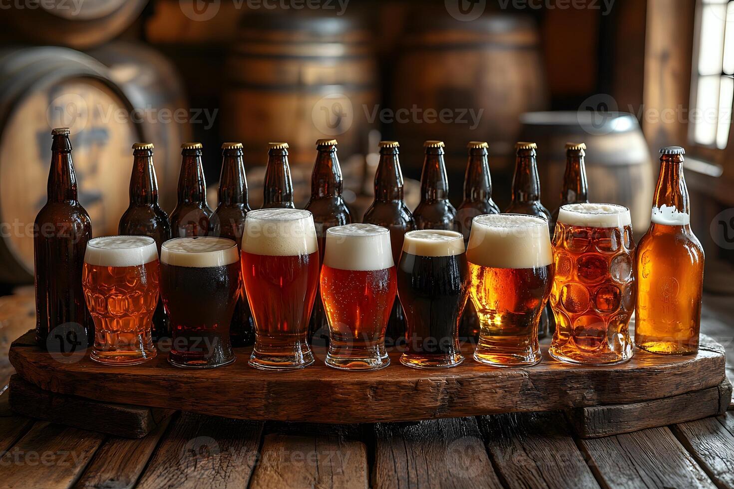 Variety of Craft Beer in Glasses and Bottles on Rustic Wooden Table in Brewery Setting photo