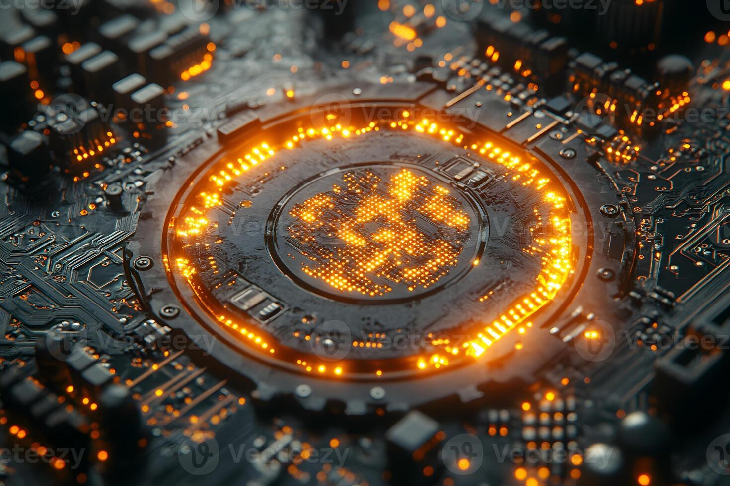 Futuristic Circuit Board with Glowing Digital Elements for Technology Design photo