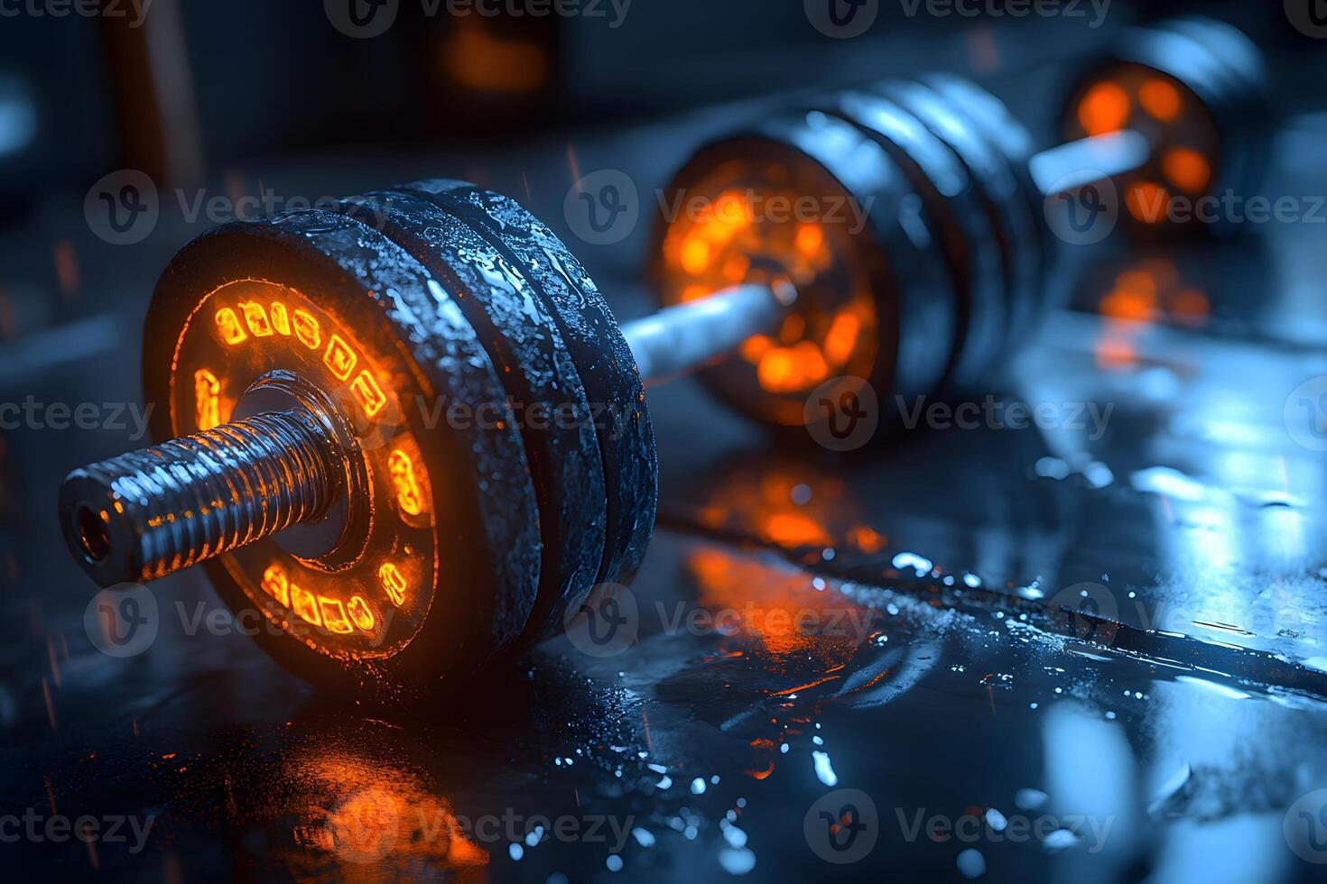 Intense Fitness Concept Dumbbells with Neon Lights for Gym Motivation Poster photo