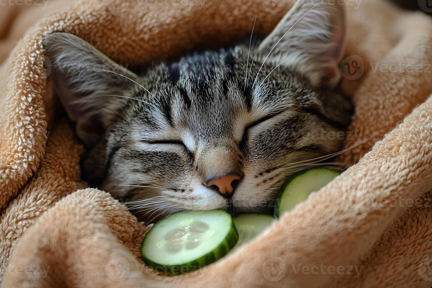 Cozy Cat Relaxing with Cucumber Wellness Concept for Tranquil Design photo