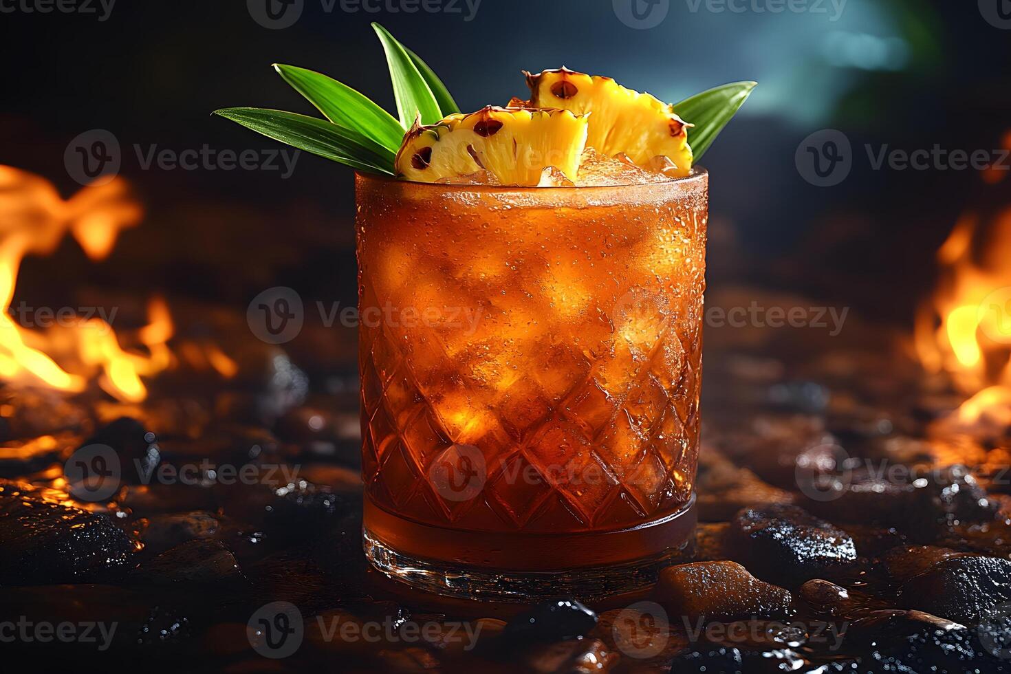 Tropical Cocktail with Pineapple Garnish Amidst Fiery Ambience for Exotic Dining and Dessert Menus photo