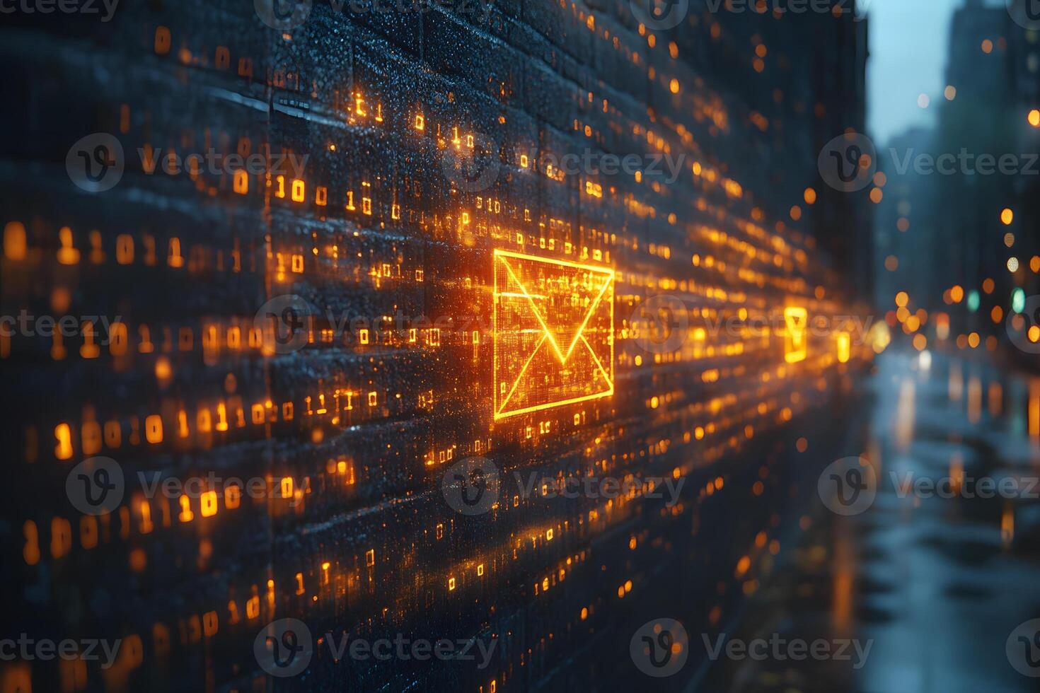 Digital Communication Concept with Neon Email Icons on a Dark Network Background photo