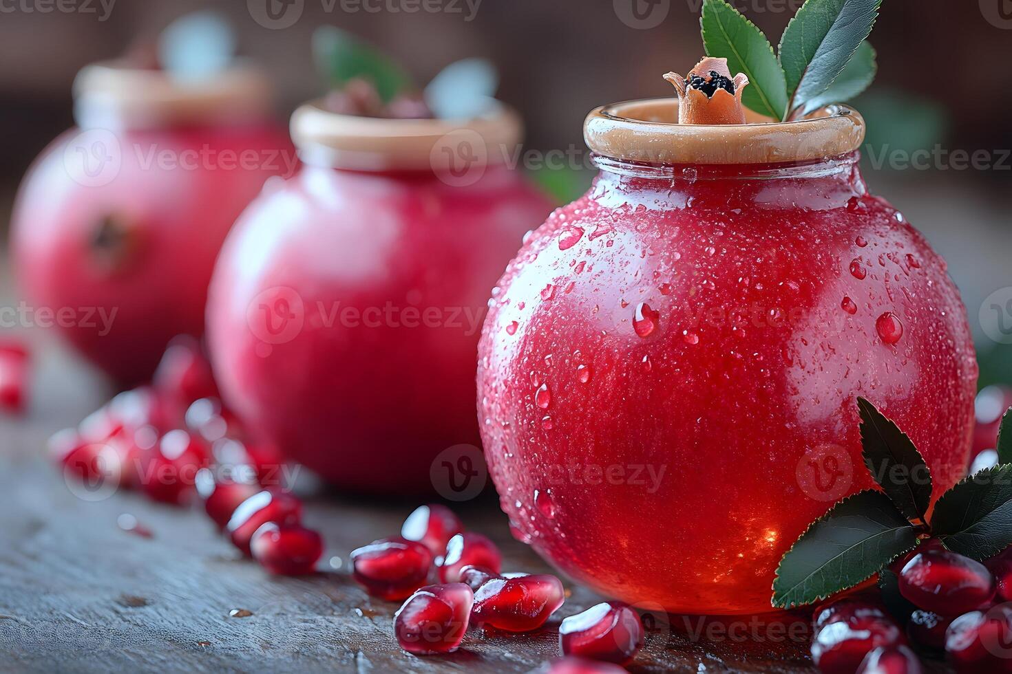 Fresh Pomegranate Juice in Rustic Clay Jars with Garnish for Autumn Display and Health Promotions photo