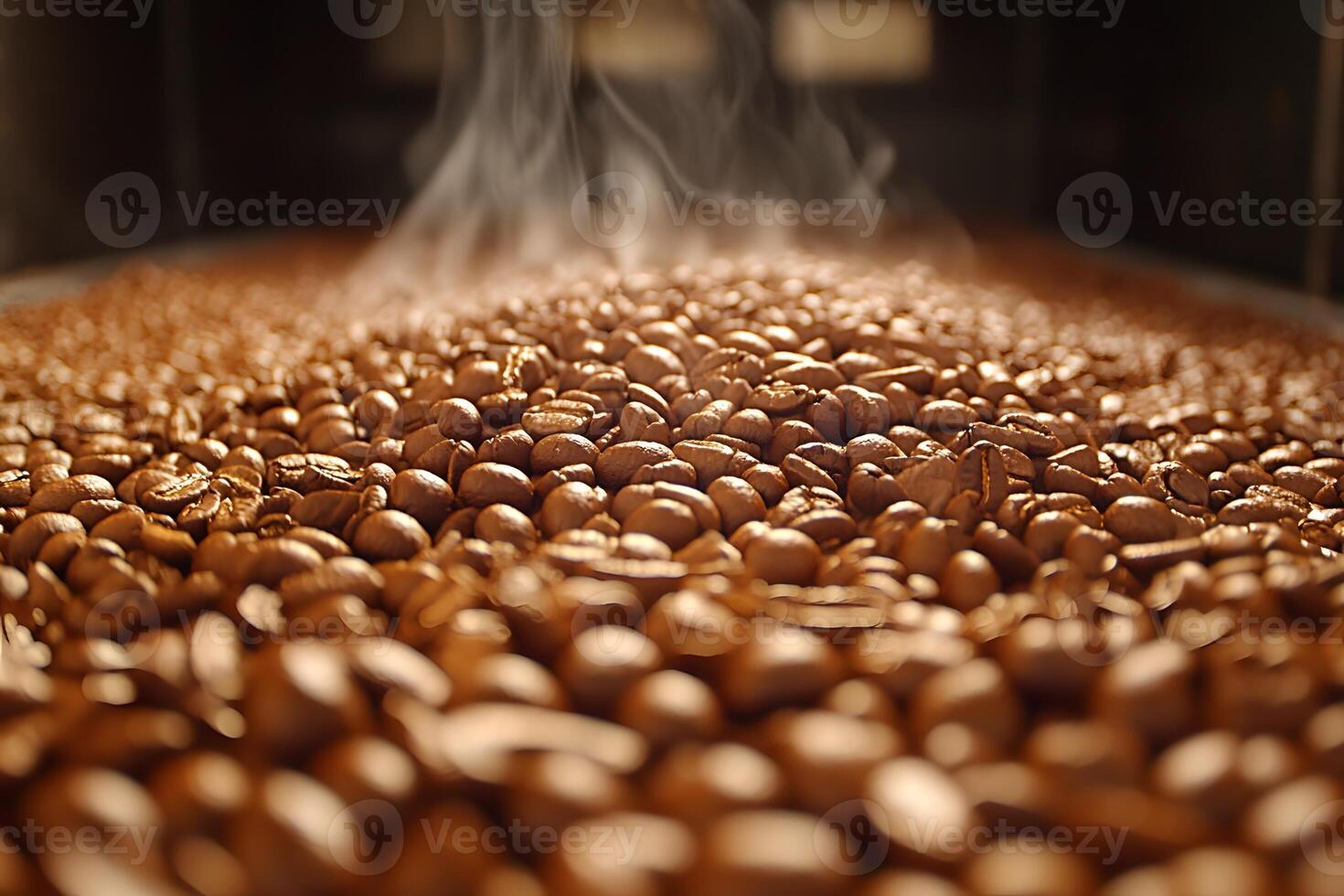 Freshly Roasted Coffee Beans with Rising Steam - Aroma and Warmth for Food and Beverage Design photo