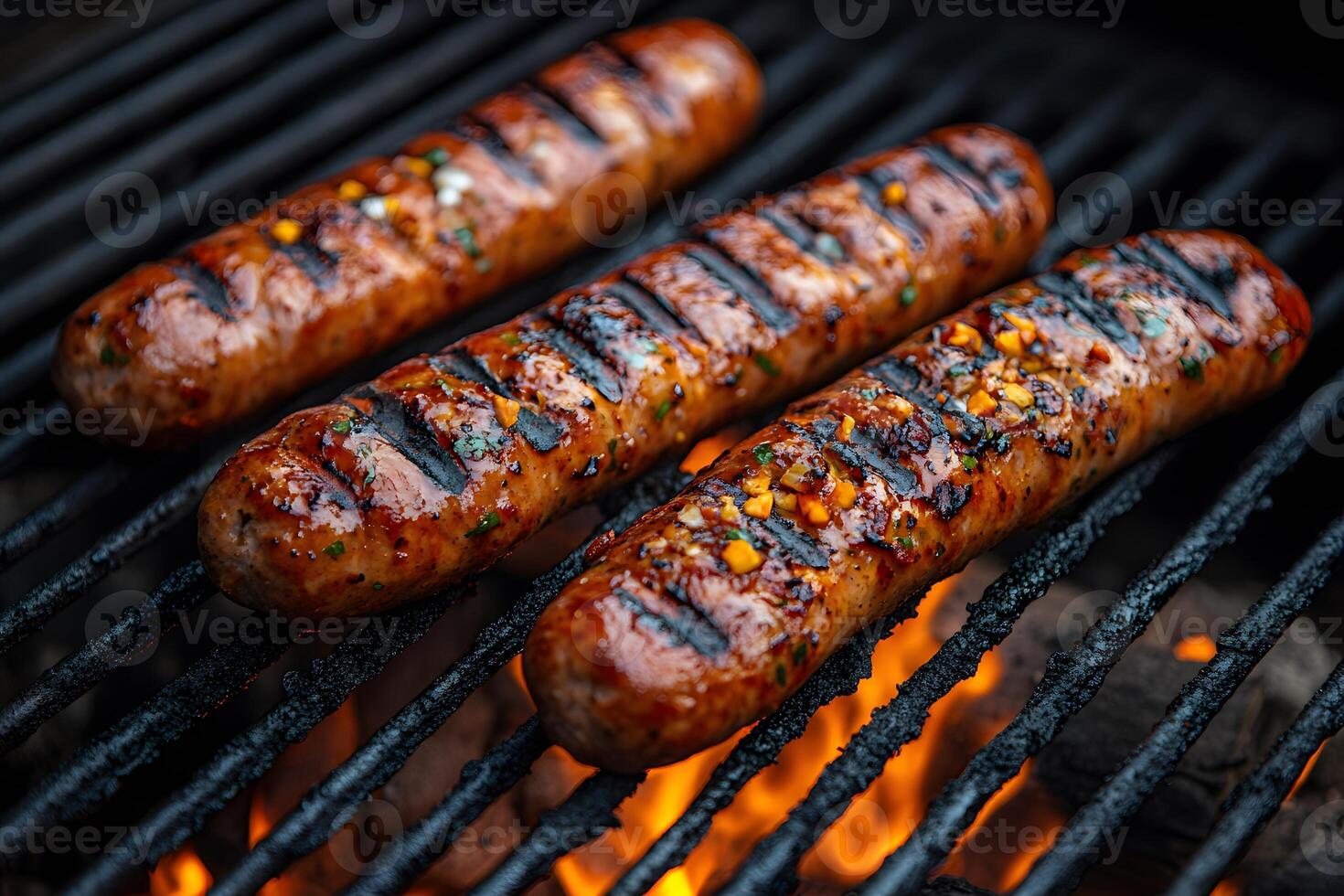Grilled Sausages on BBQ with Flames for Outdoor BBQ Party Food Design photo