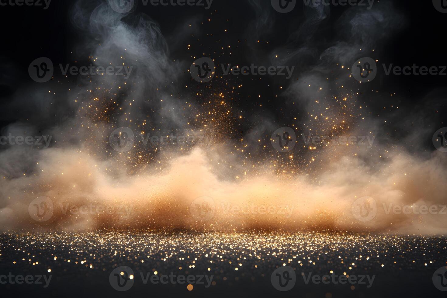 Golden Dust Clouds and Sparkling Particles on Dark Background for Elegant Design photo