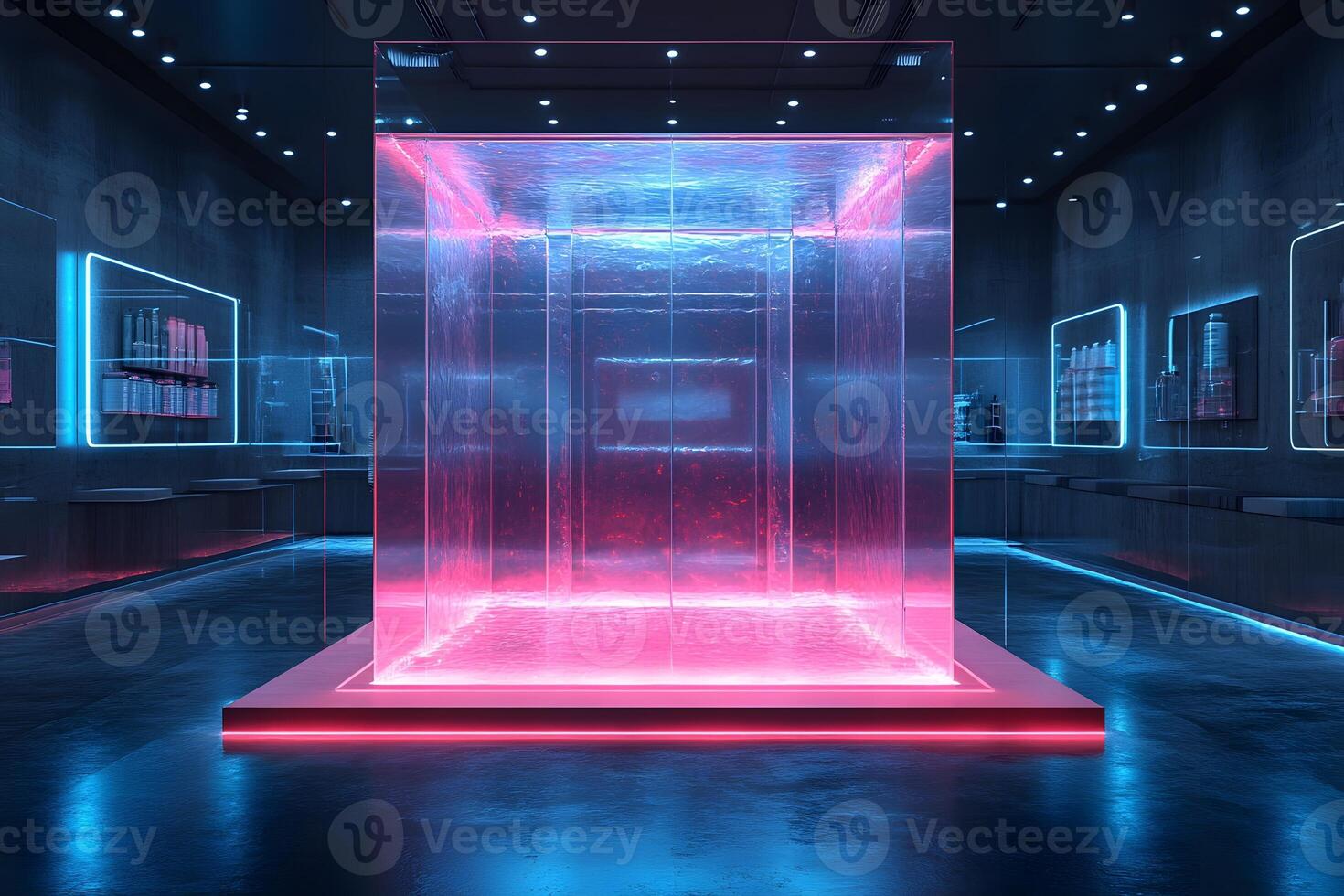 Futuristic Neon Cube Display in Modern Sci-Fi Interior Design photo