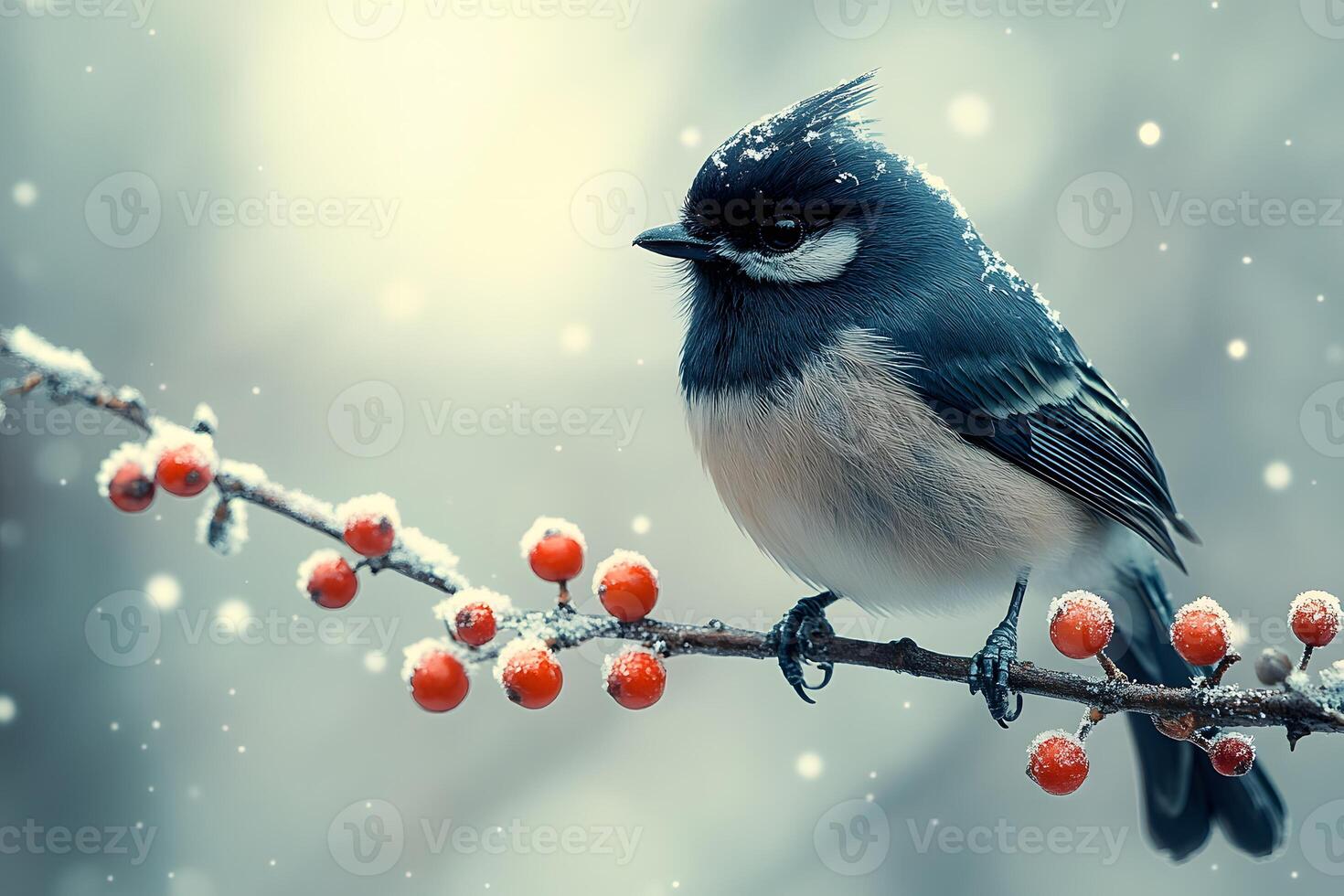Winter Bird Perched on Snow-Covered Branch with Red Berries in Serene Landscape Scene photo