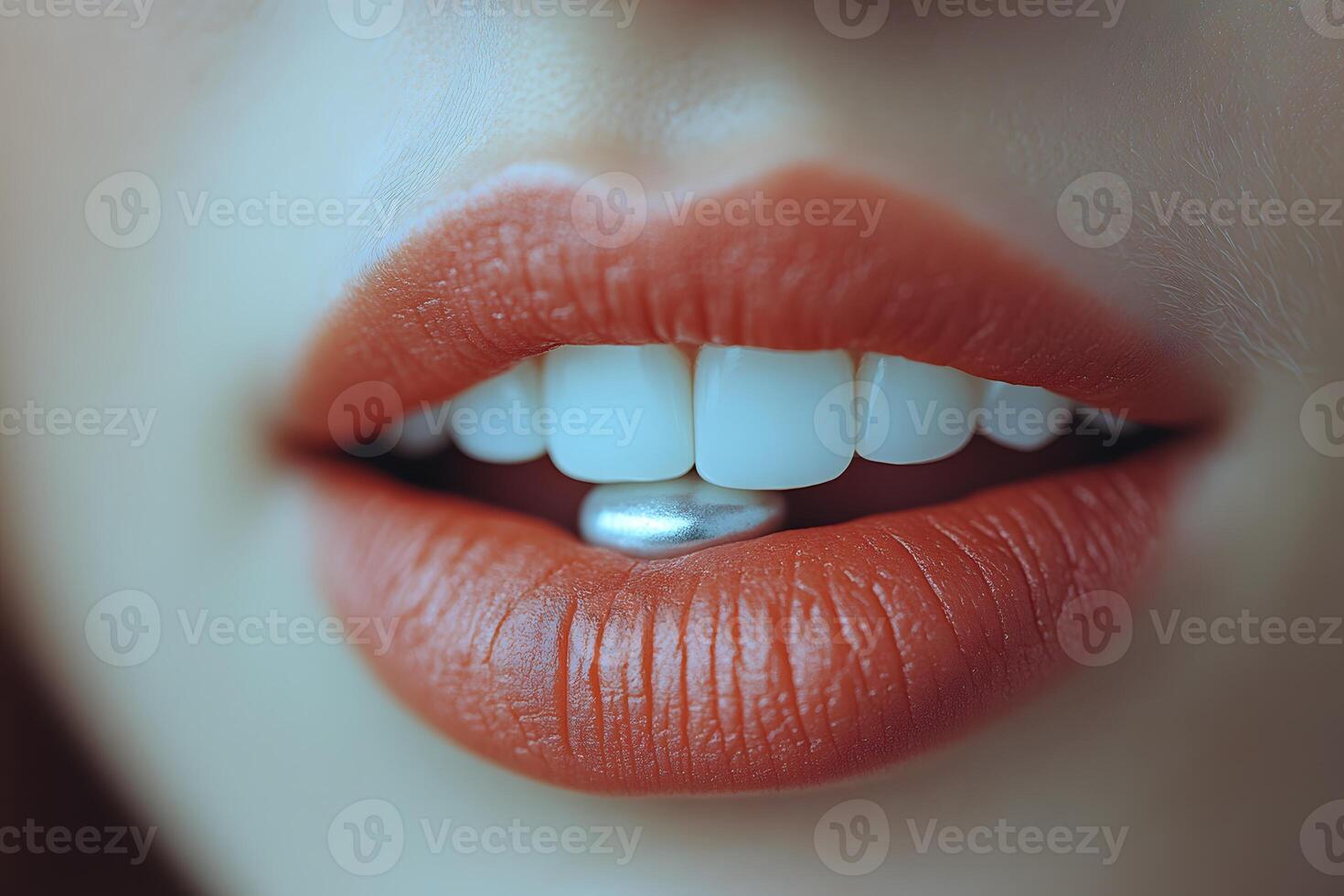 Close-Up of Red Lips with Metallic Pill for Beauty and Health Concept photo