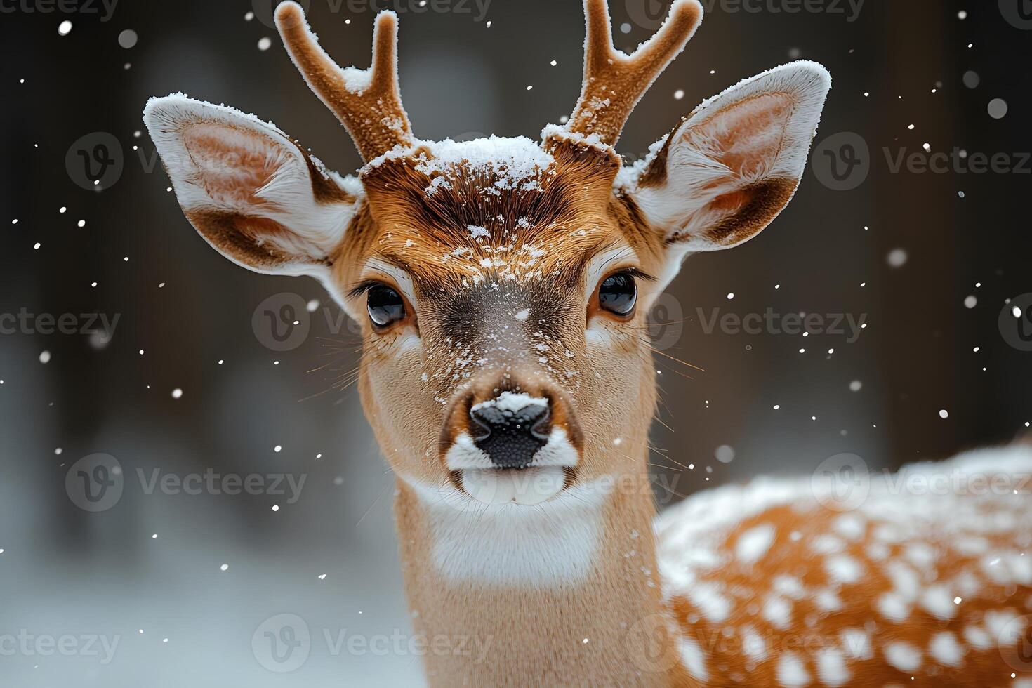 Winter Wildlife Close-Up of a Snow-Covered Deer in Serene Forest Setting photo
