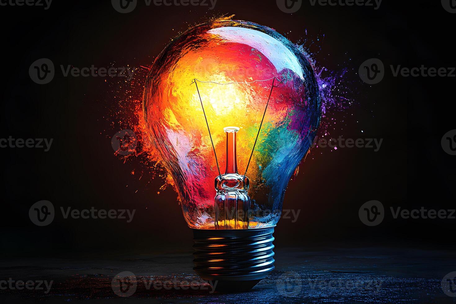 Creative Explosion Concept with Vibrant Colors Inside a Light Bulb for Imaginative Design photo