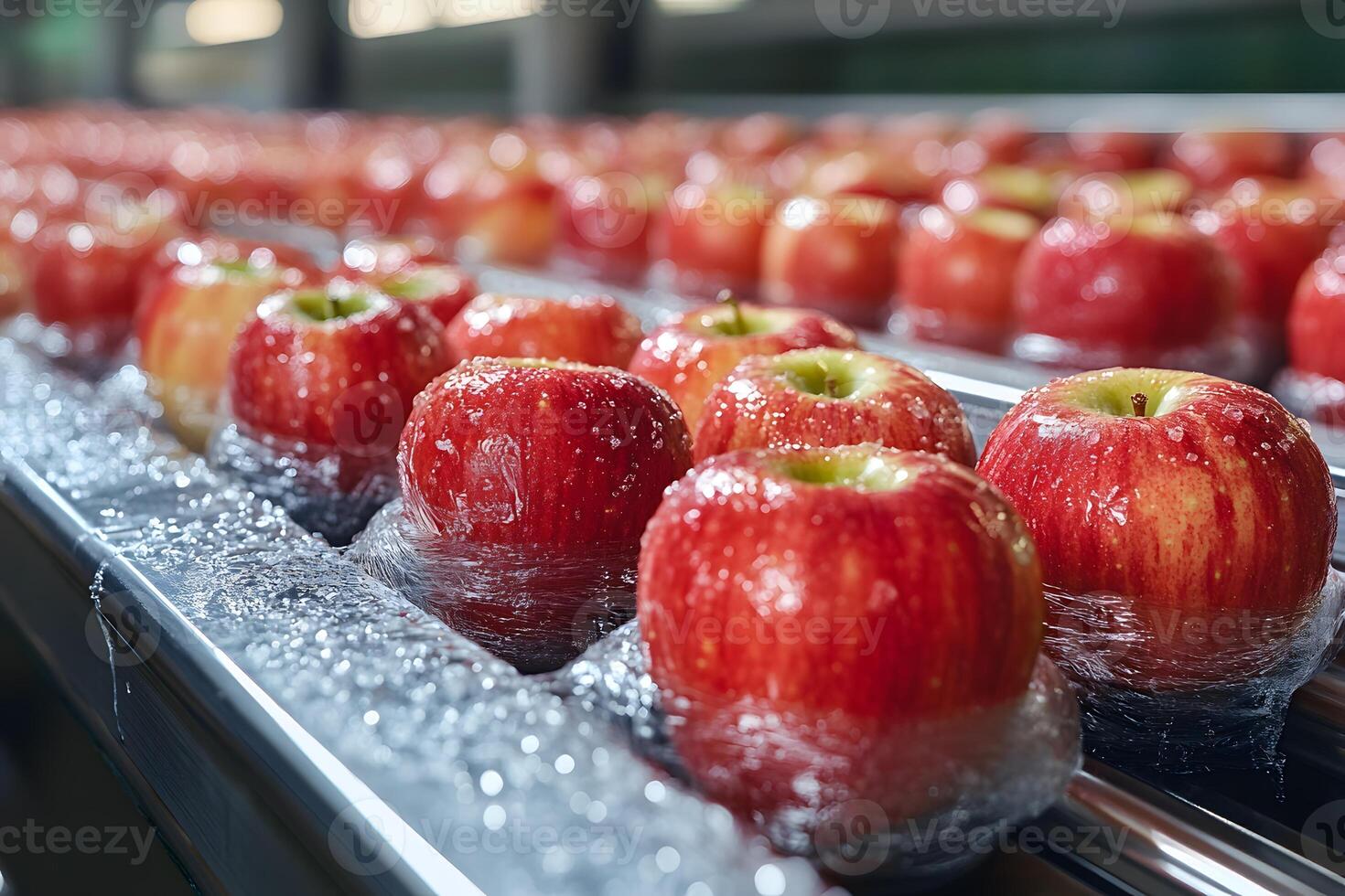 Fresh Red Apples on Conveyor Belt for Quality Check in Industrial Orchard Packing Facility photo