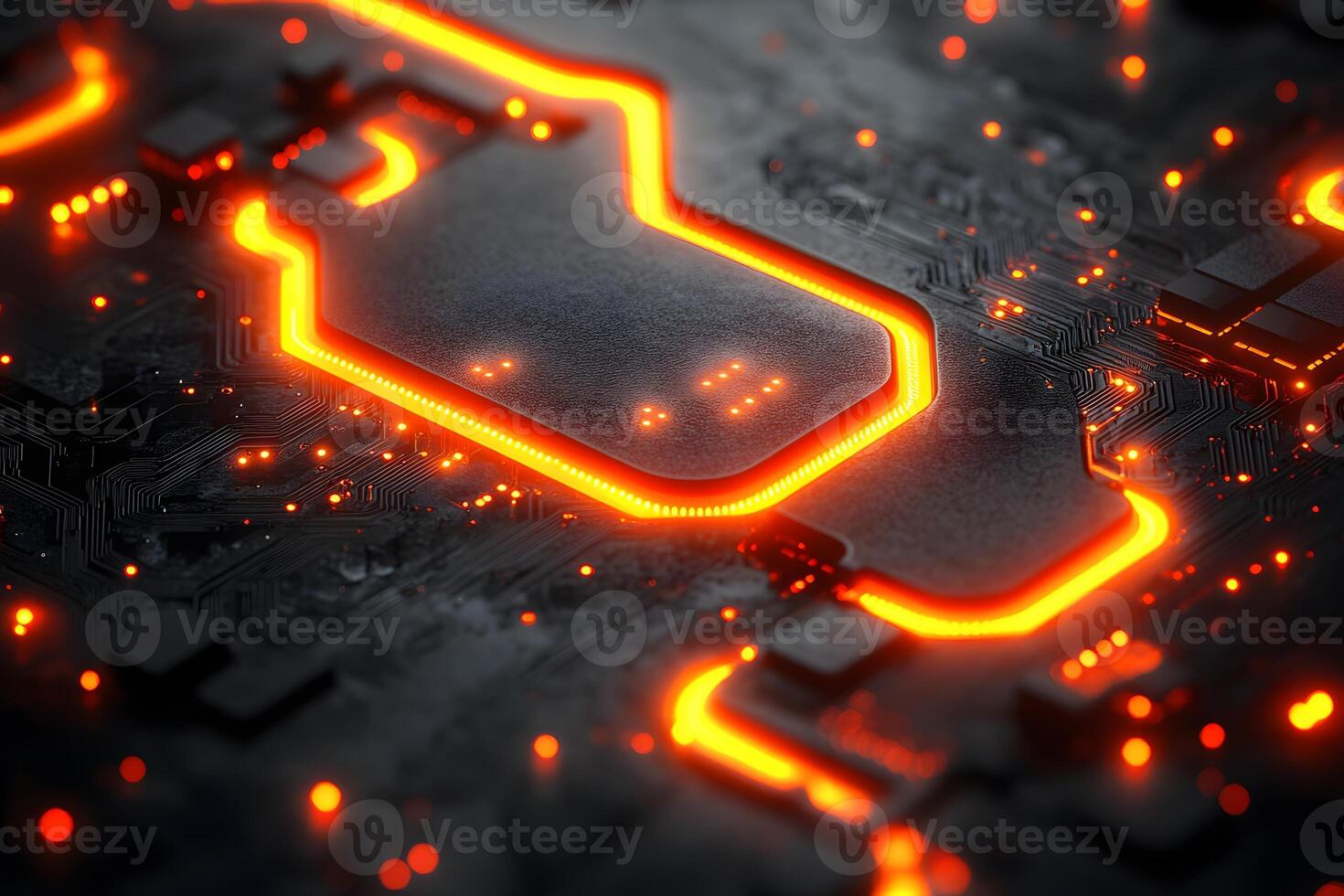 Futuristic Circuit Board with Glowing Orange Tracks for Technology Design photo