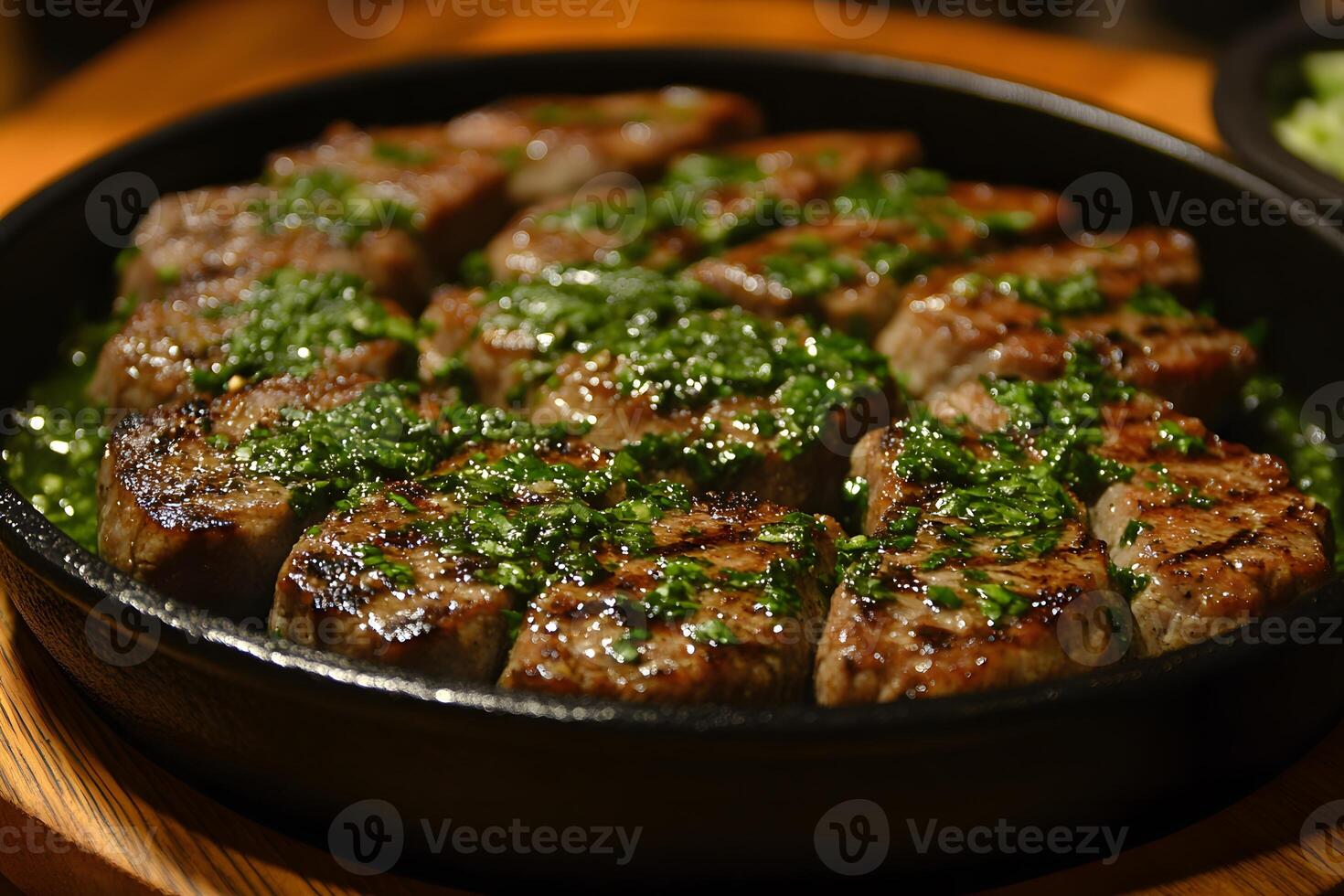 Savory Grilled Steak with Chimichurri Sauce in Cast Iron Skillet for Culinary Presentation photo
