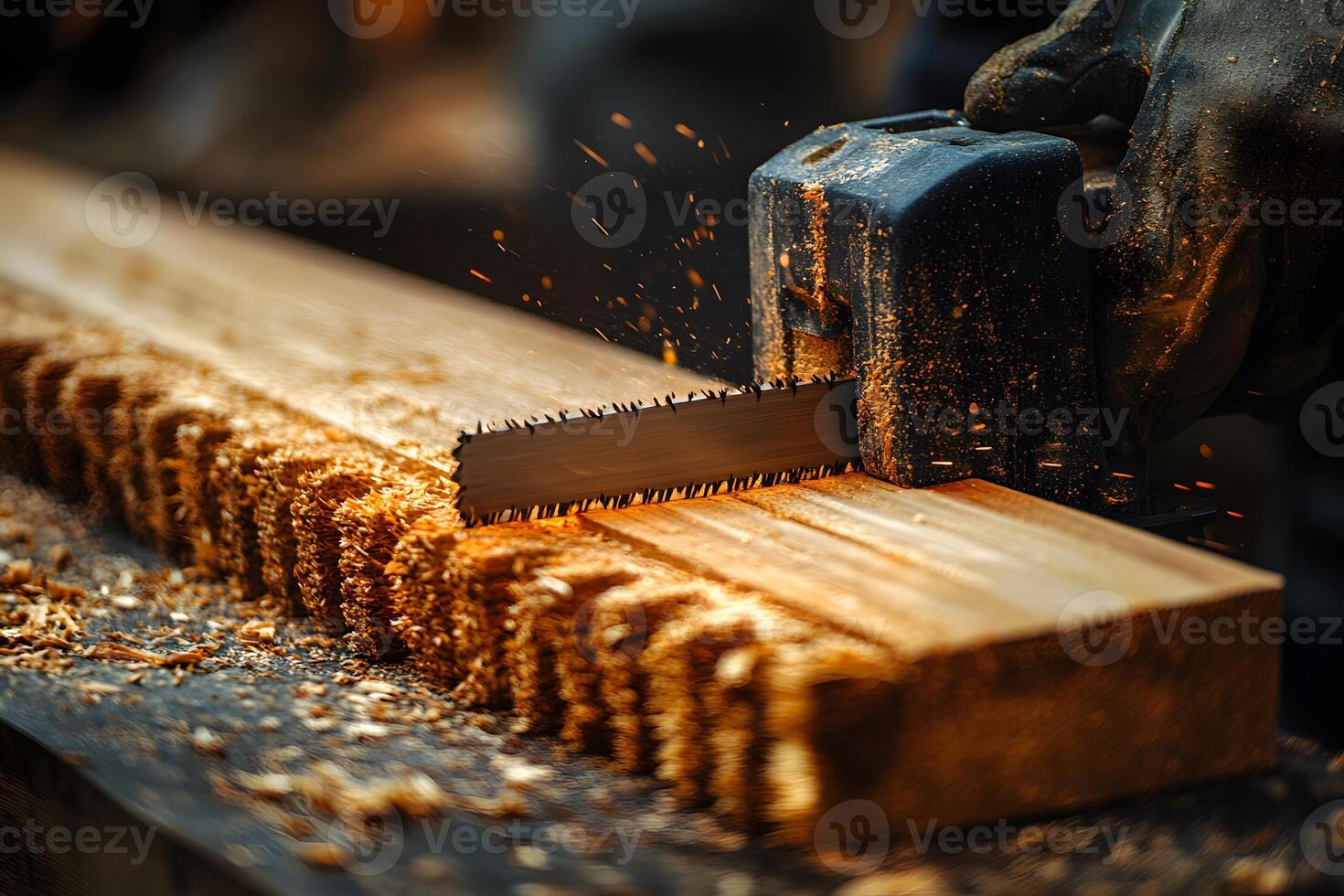 Woodworking Precision Craftsman's Hand Cutting Wood with Electric Saw for Carpentry Design photo