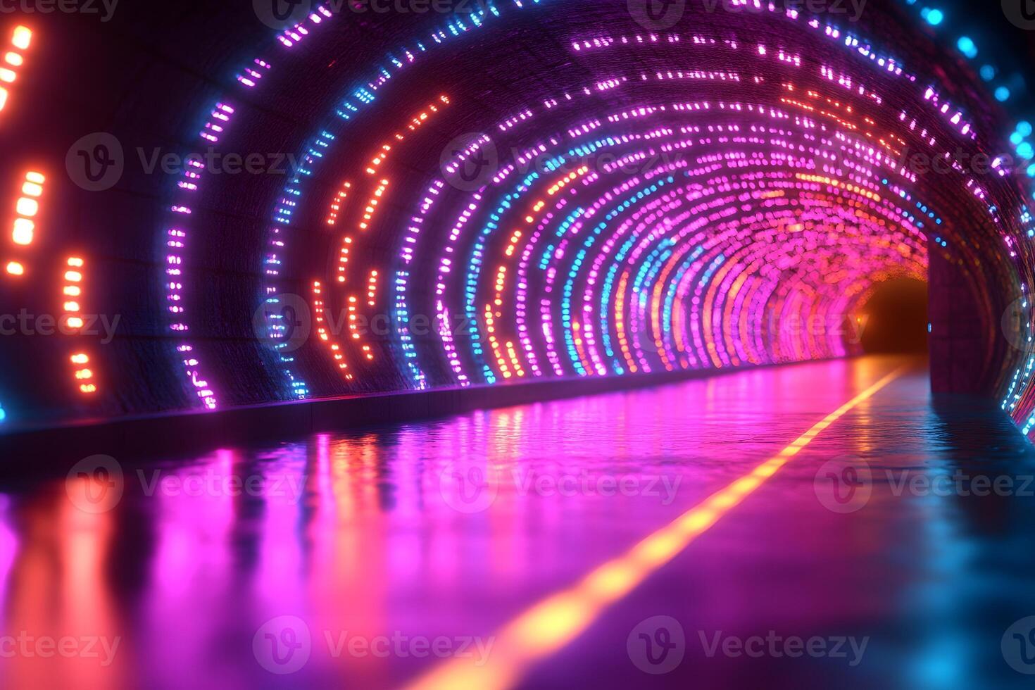 Futuristic Neon Tunnel with Vibrant Lights Reflections for Modern Design photo