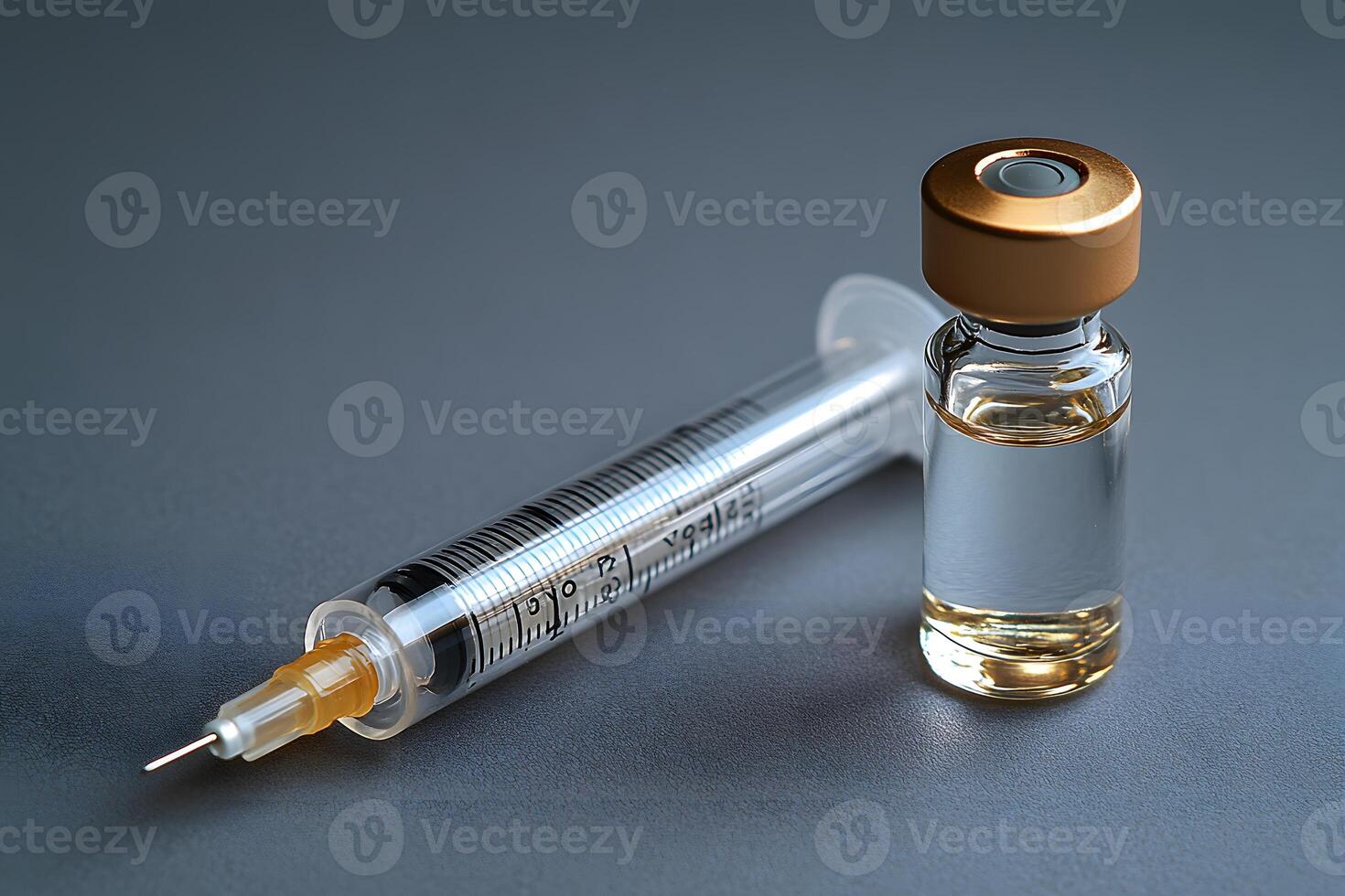 Medical Syringe and Vaccine Vial on Gray Surface for Healthcare and Immunization photo