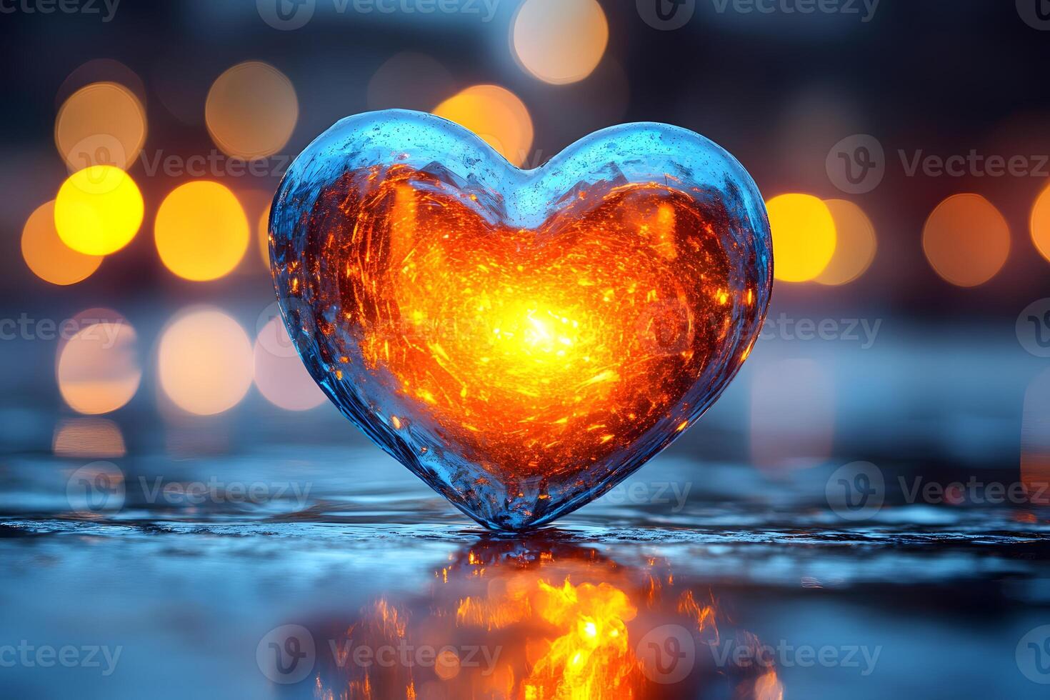 Heart Shaped Glass with Fiery Core Against a Bokeh Background - Symbol of Passion and Contrast photo