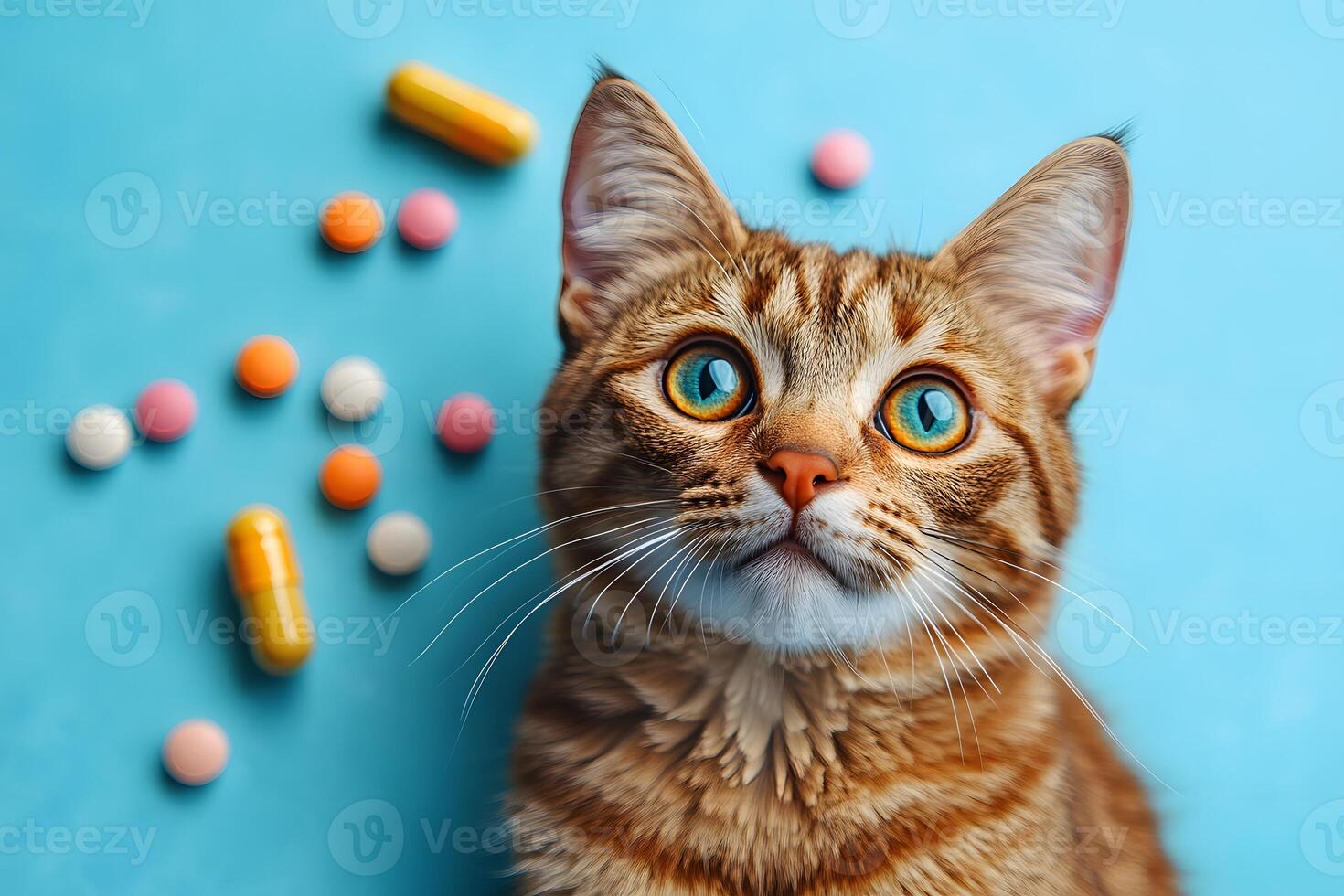 Curious Tabby Cat Surrounded by Colorful Pills on Blue Background for Veterinary Concept photo