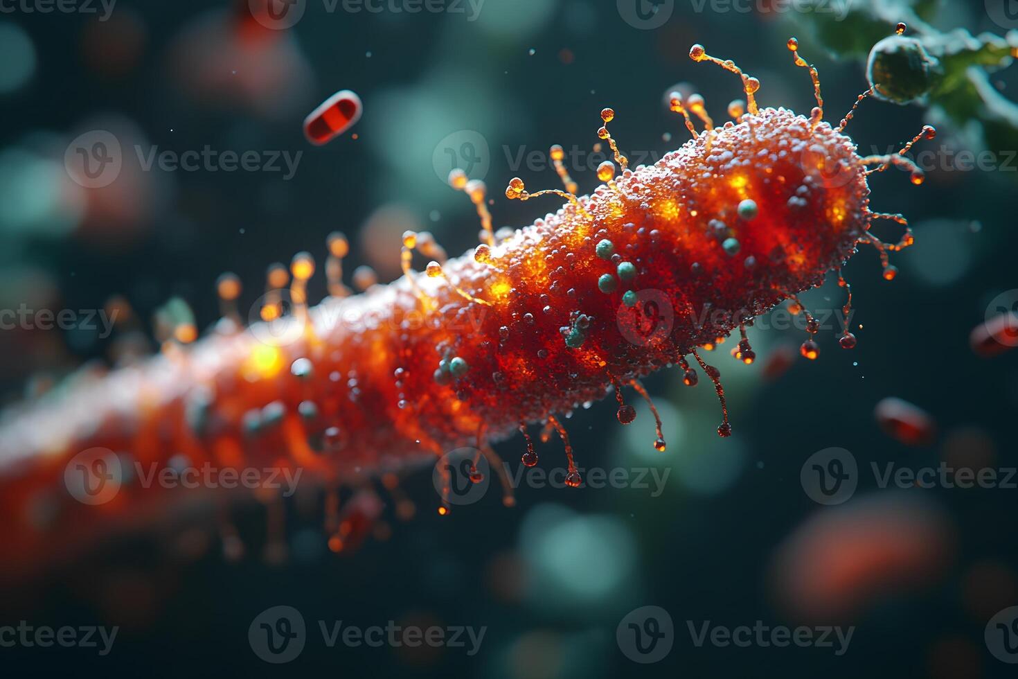 Microscopic View of a Bacterial Cell with Vibrant Red Structure for Scientific Research photo