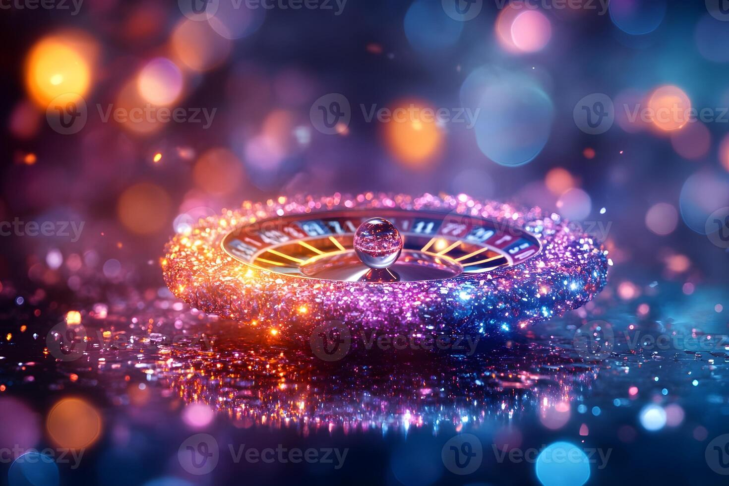 Glittering Roulette Wheel with Colorful Bokeh Lights - Casino Nightlife Thrill and Excitement photo