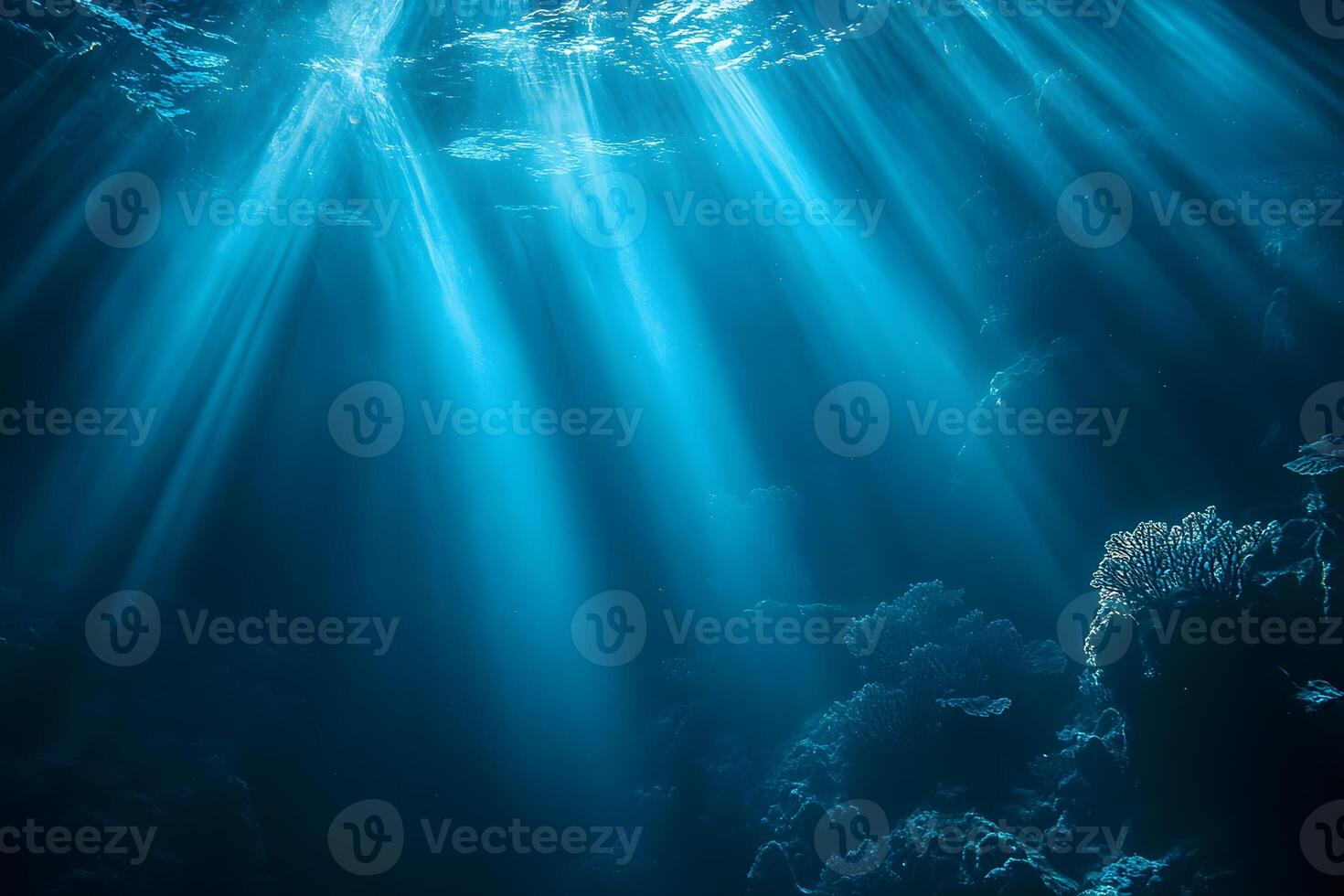 Tranquil Underwater Scene with Sunlight Rays and Coral Reefs for Ocean-Themed Designs photo