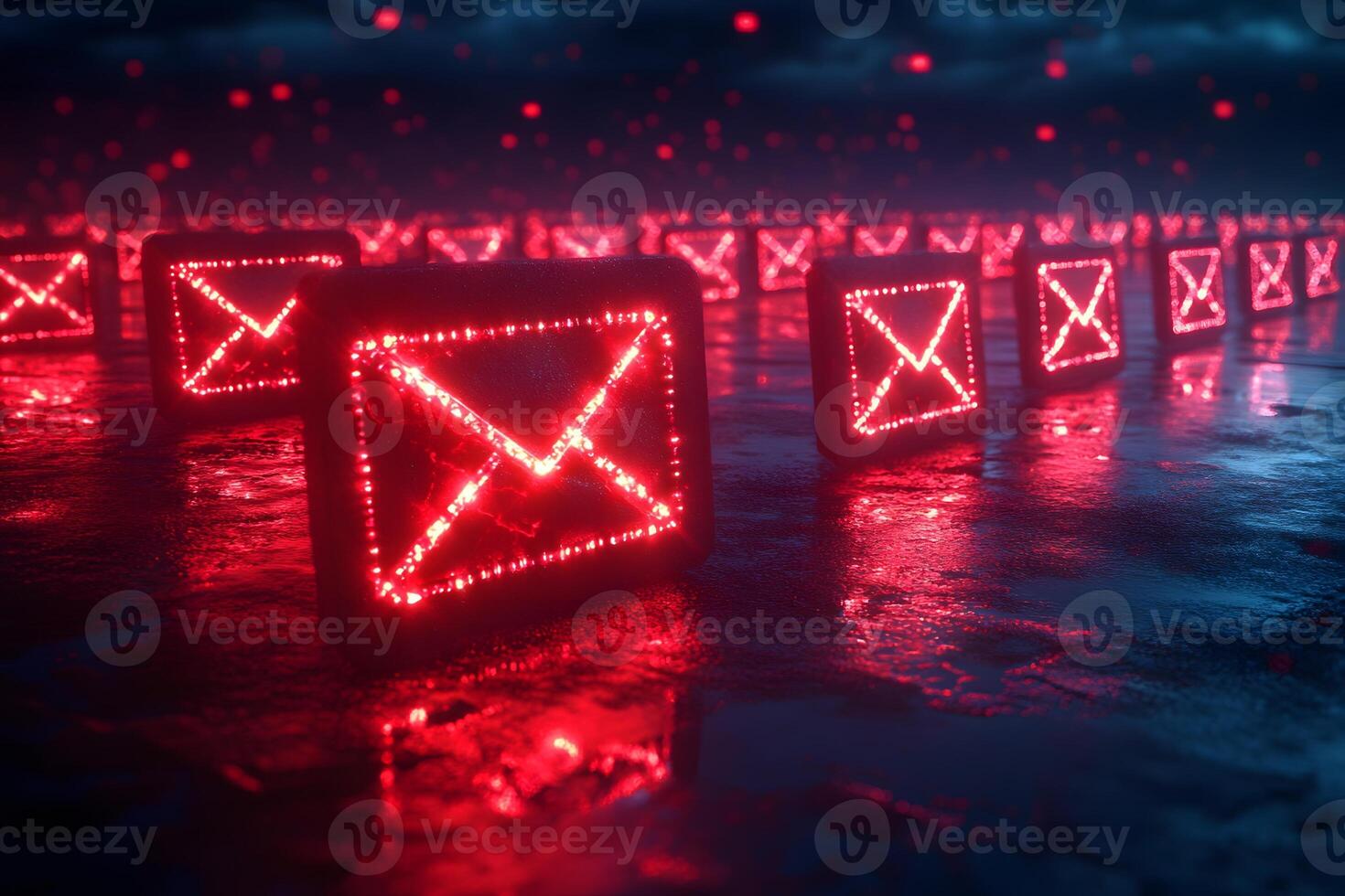 Digital Communication Concept Glowing Red Email Icons in Futuristic Landscape for Tech and Networking Design photo