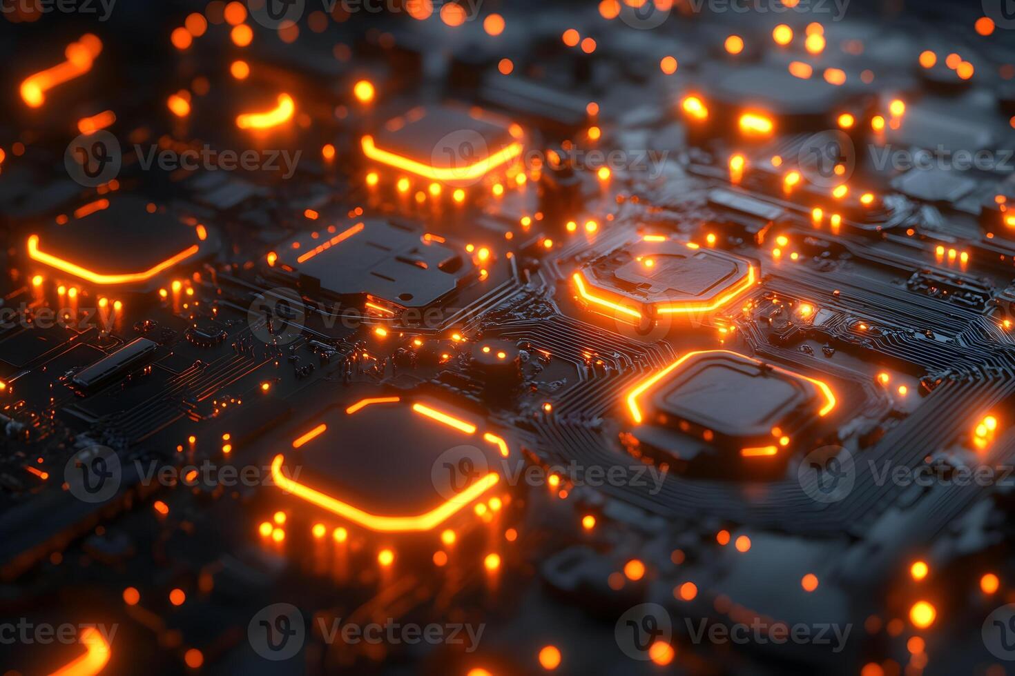 Futuristic Circuit Board with Glowing Orange Highlights for Technology Design photo