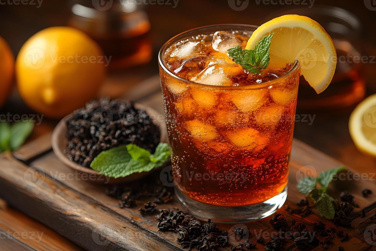 Refreshing Iced Tea with Lemon Slice and Mint Garnish for Summer Beverage Themes photo