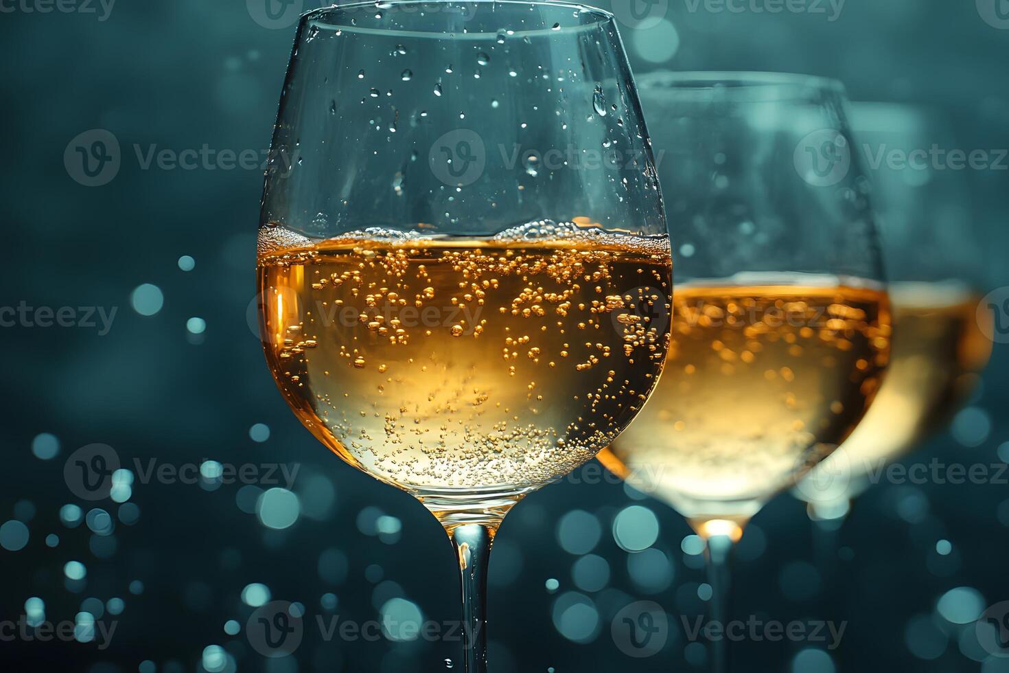 Elegant Display of Sparkling Wine Glasses Against a Soft Blue Bokeh Background photo