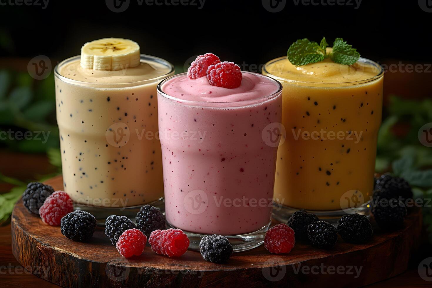 Assorted Berry and Tropical Smoothies on Wooden Platter for Healthy Refreshment photo