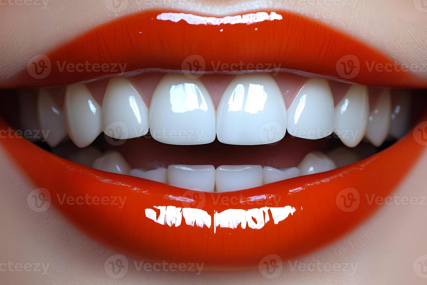 Bright Red Lipstick and Gleaming White Teeth Close-Up for Beauty and Fashion photo