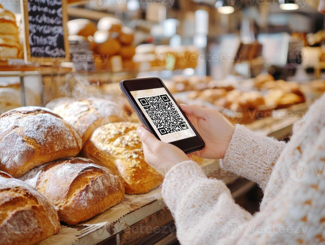 Ordering bread using a smartphone at a bakery with fresh loaves photo