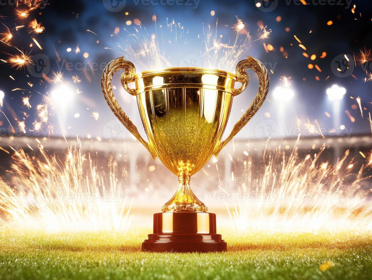 Golden trophy with sparks in a sporting event moment photo