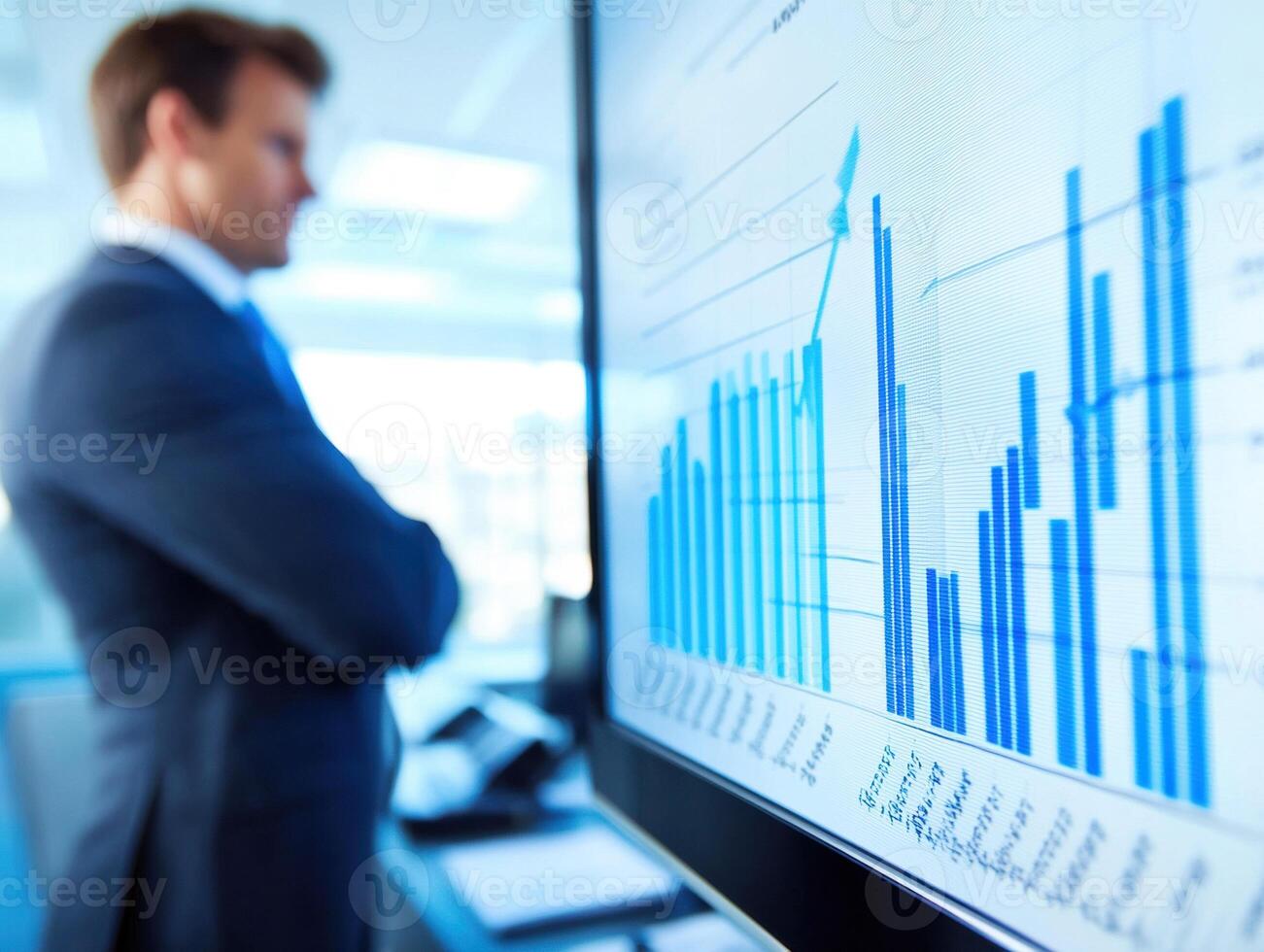 Business professional analyzes data trends during a presentation photo