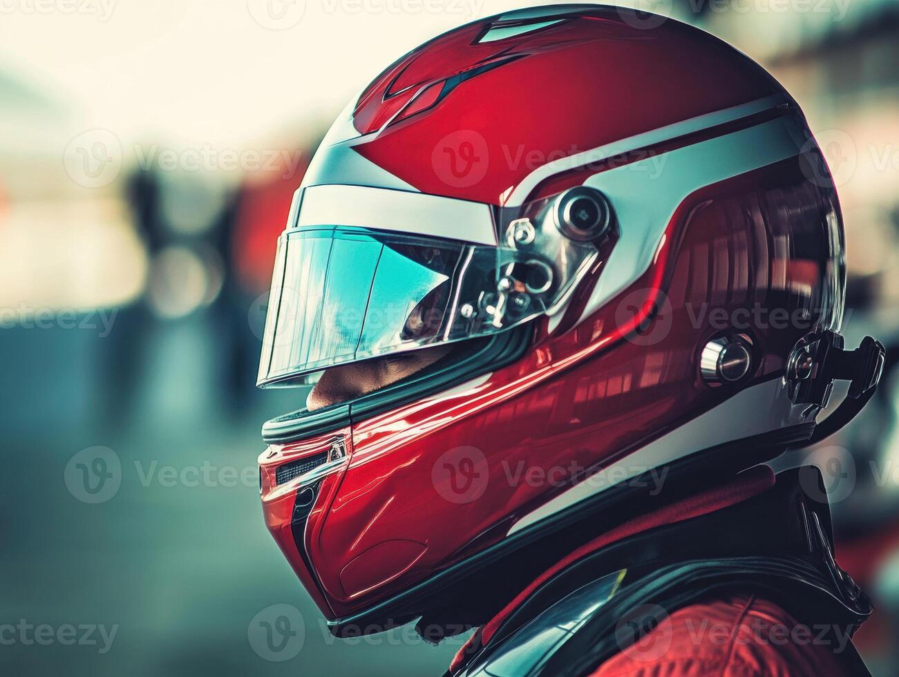 Racer in red helmet prepares for the upcoming motorsport event photo