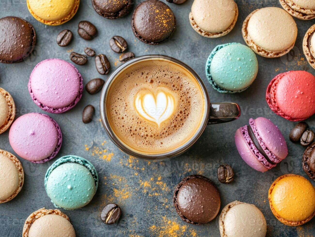 Delightful coffee and colorful macarons on a textured surface photo