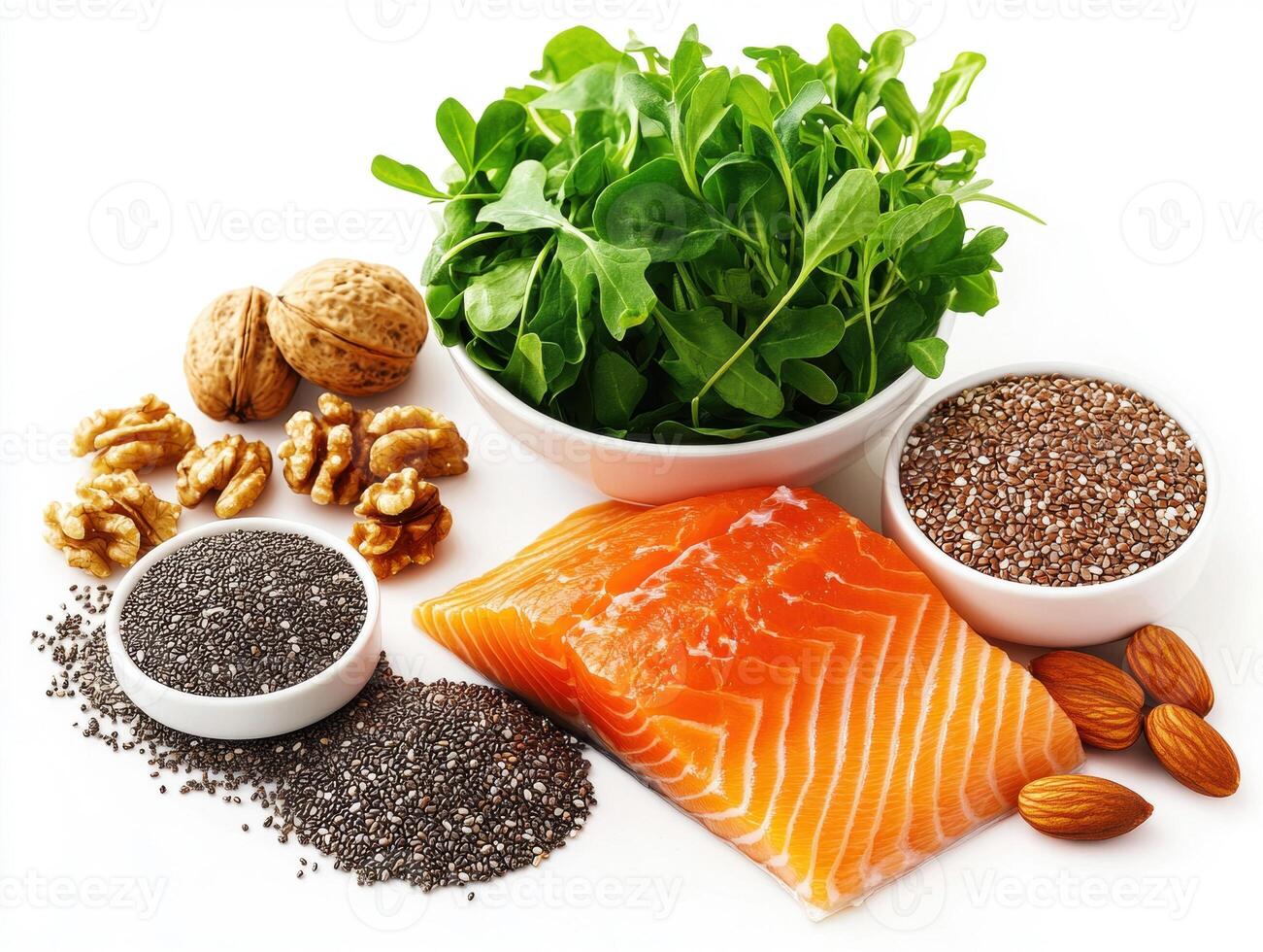 Fresh ingredients for a healthy salad with salmon and nuts photo