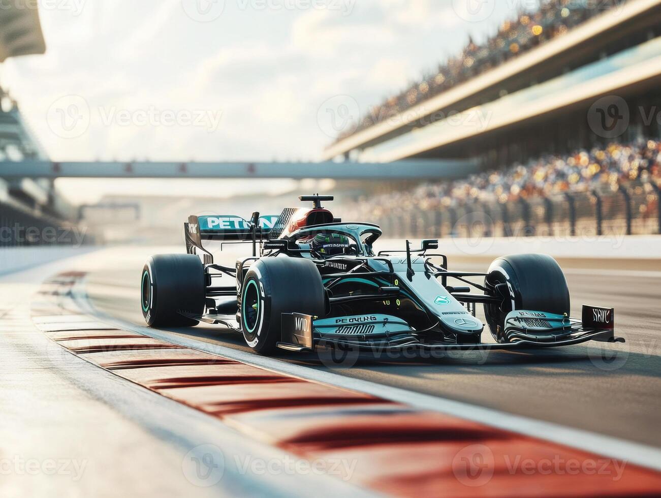 Race car speeds down track during motorsport event in afternoon photo